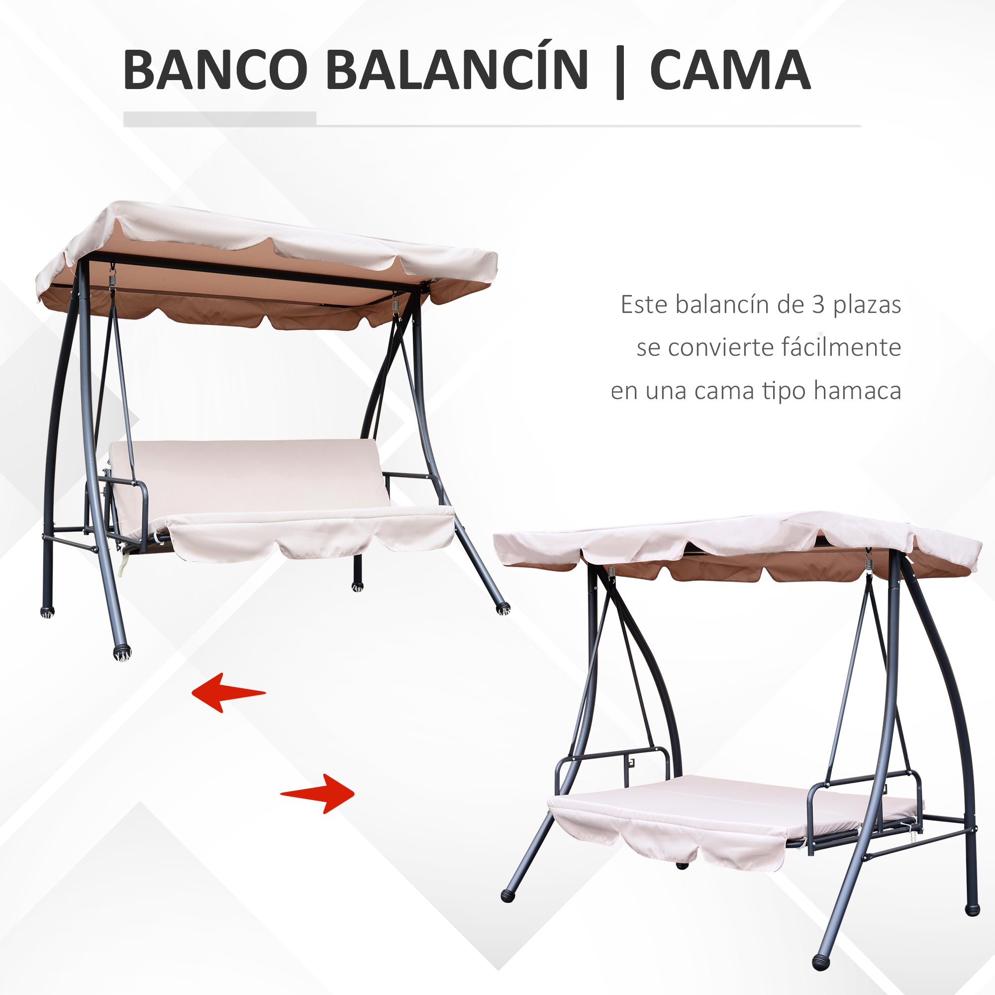 Baloiço de Jardim 3 Lugares Bege 200x125x170cm Convertível em Cama com Toldo Reclinável