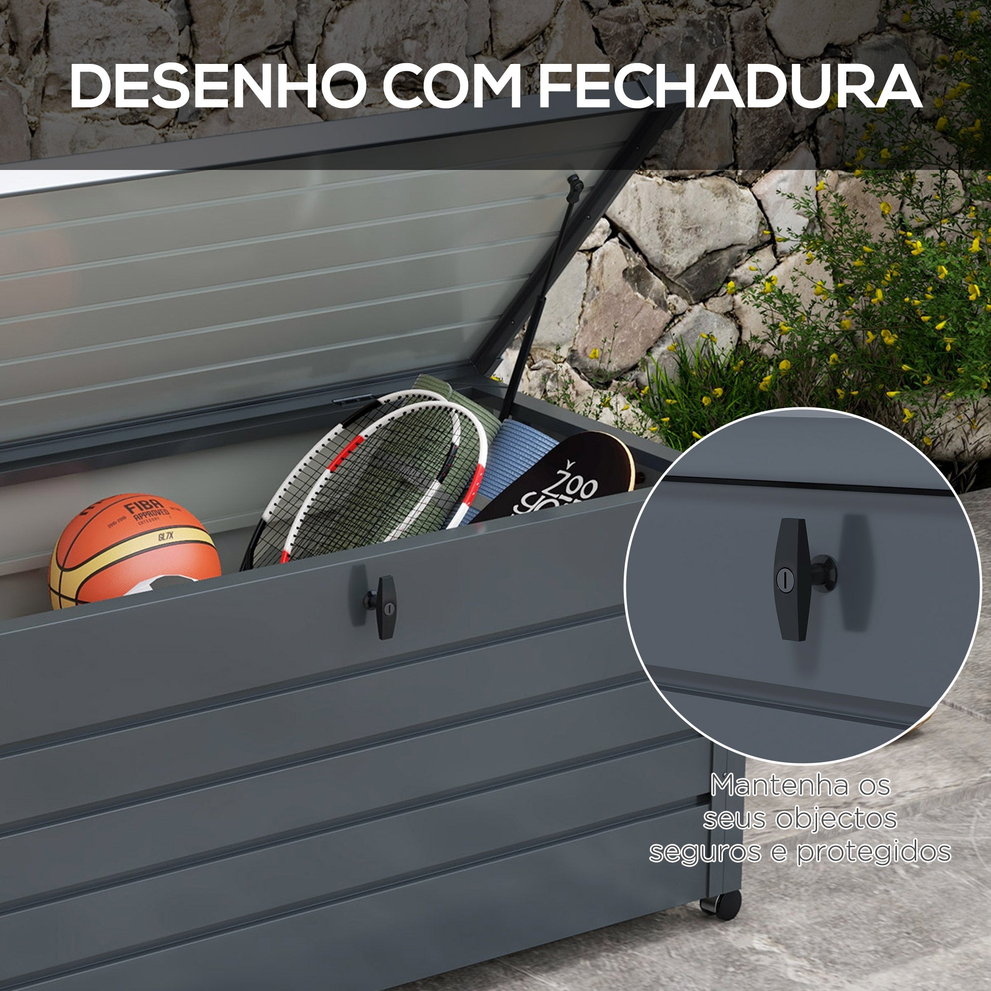 Baú de Armazenamento de Aço Galvanizado 120x62x66 cm - Cinza Escuro