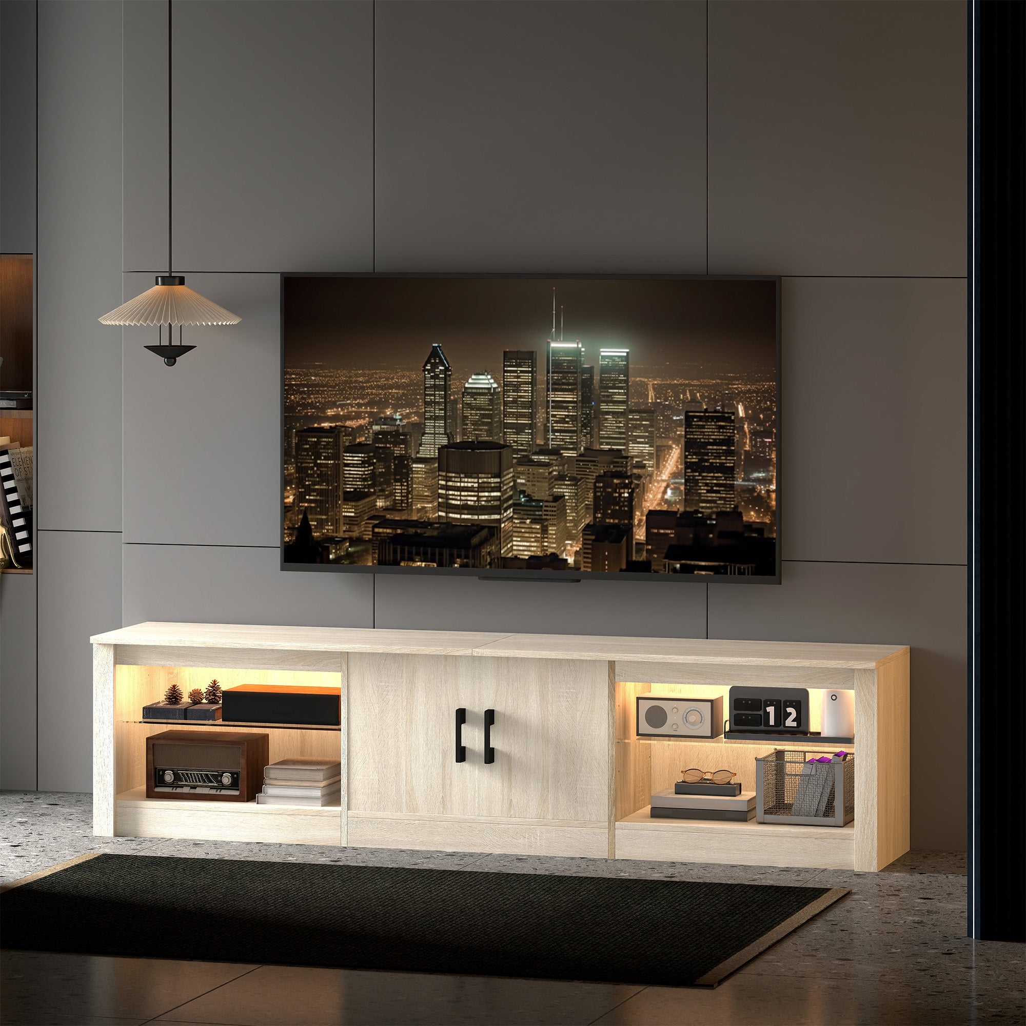 Móvel de TV Moderno com Luzes RGB e Prateleiras de Vidro - 180x35x45 cm - Cor de Madeira Natural