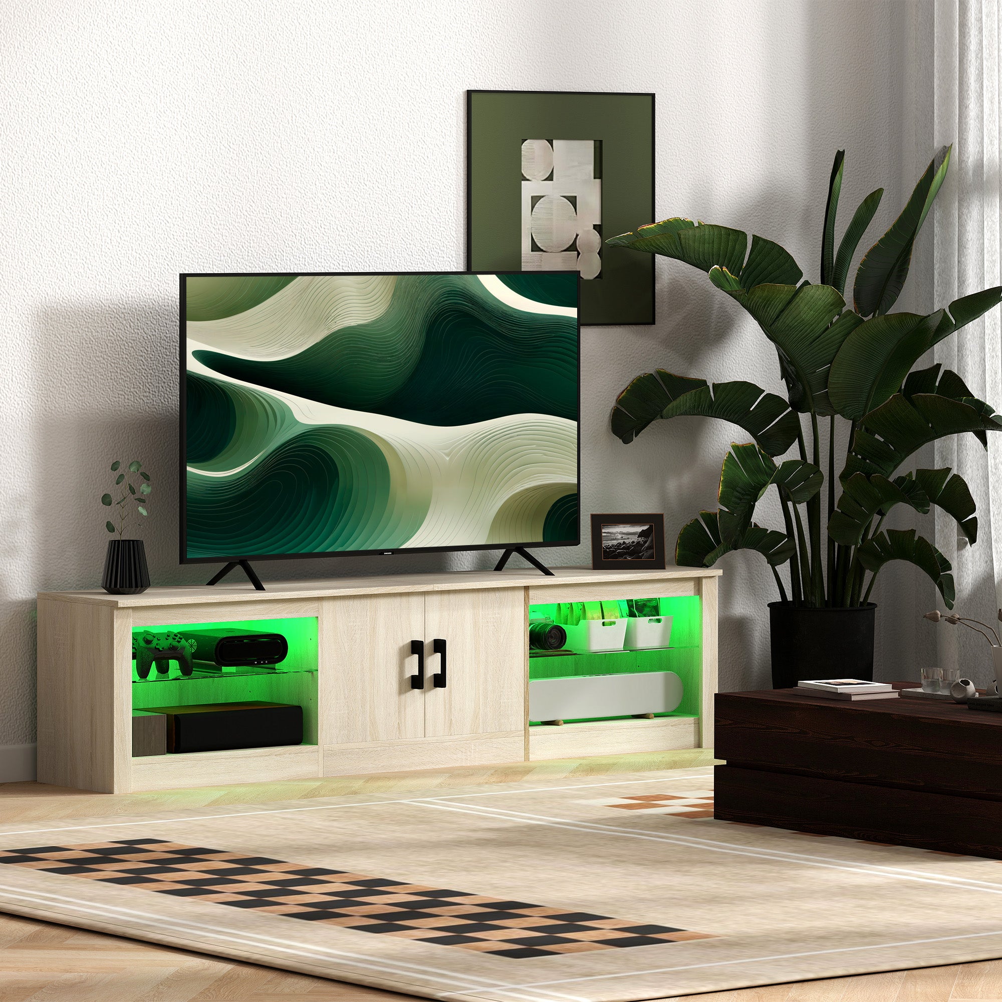 Móvel de TV Moderno com Luzes RGB e Prateleiras de Vidro - 180x35x45 cm - Cor de Madeira Natural