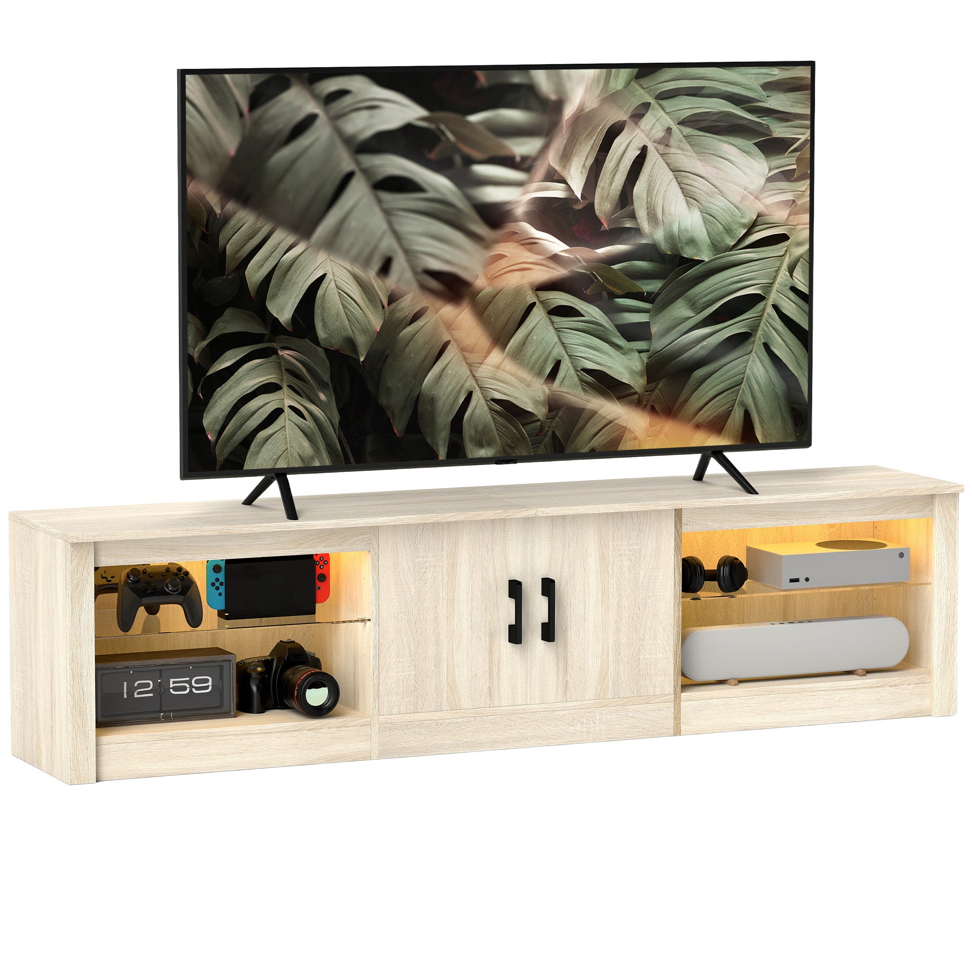 Móvel de TV Moderno com Luzes RGB e Prateleiras de Vidro - 180x35x45 cm - Cor de Madeira Natural