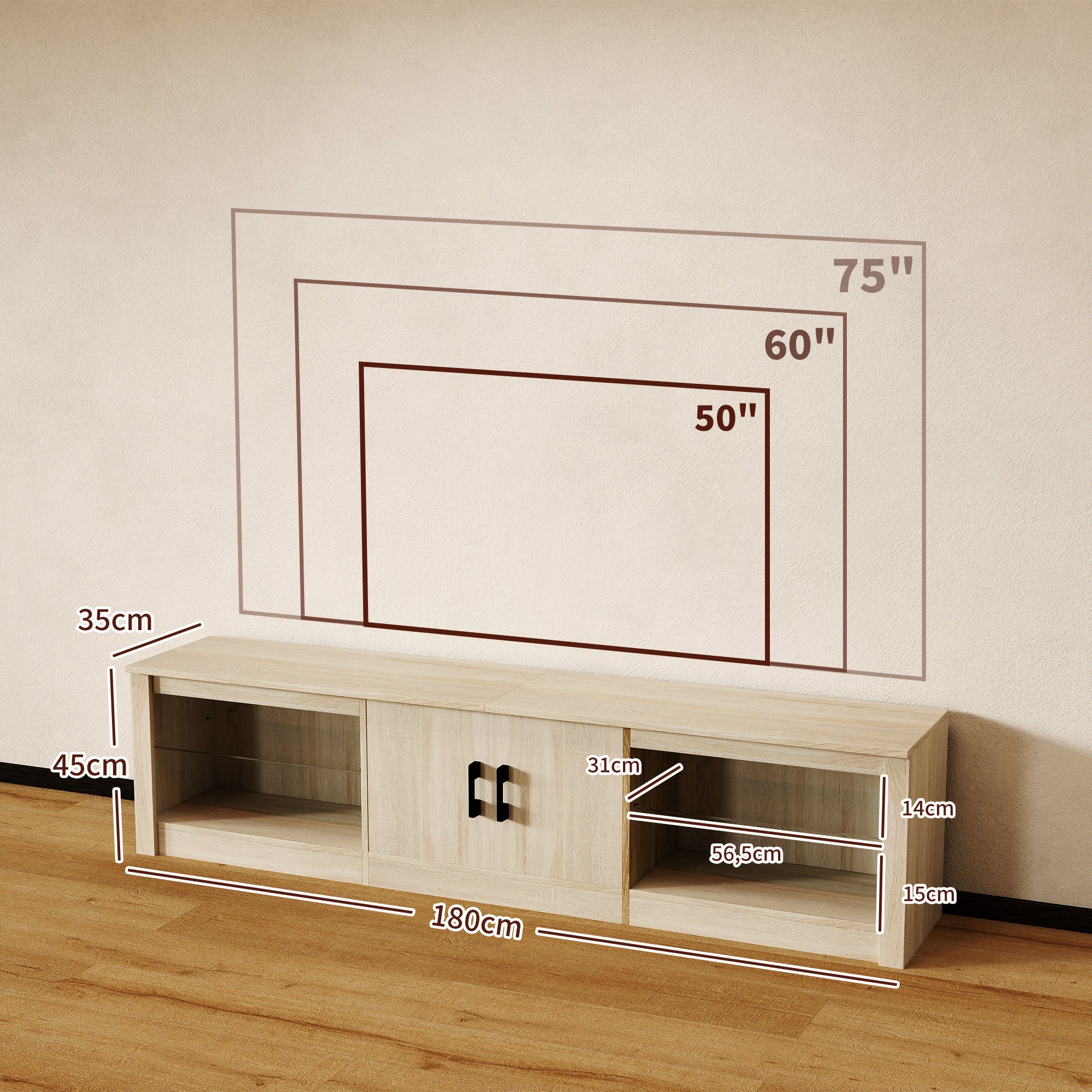 Móvel de TV Moderno com Luzes RGB e Prateleiras de Vidro - 180x35x45 cm - Cor de Madeira Natural
