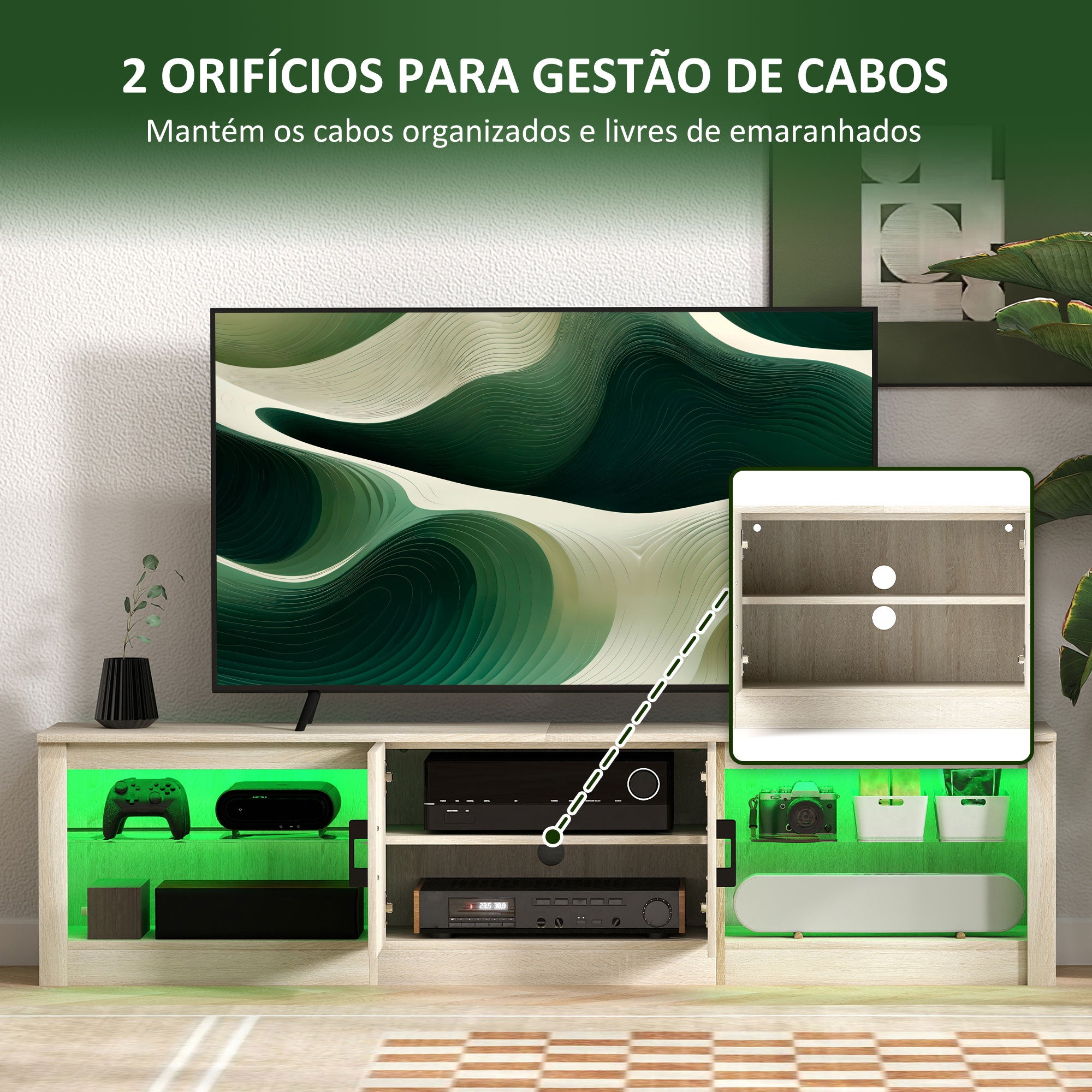 Móvel de TV Moderno com Luzes RGB e Prateleiras de Vidro - 180x35x45 cm - Cor de Madeira Natural