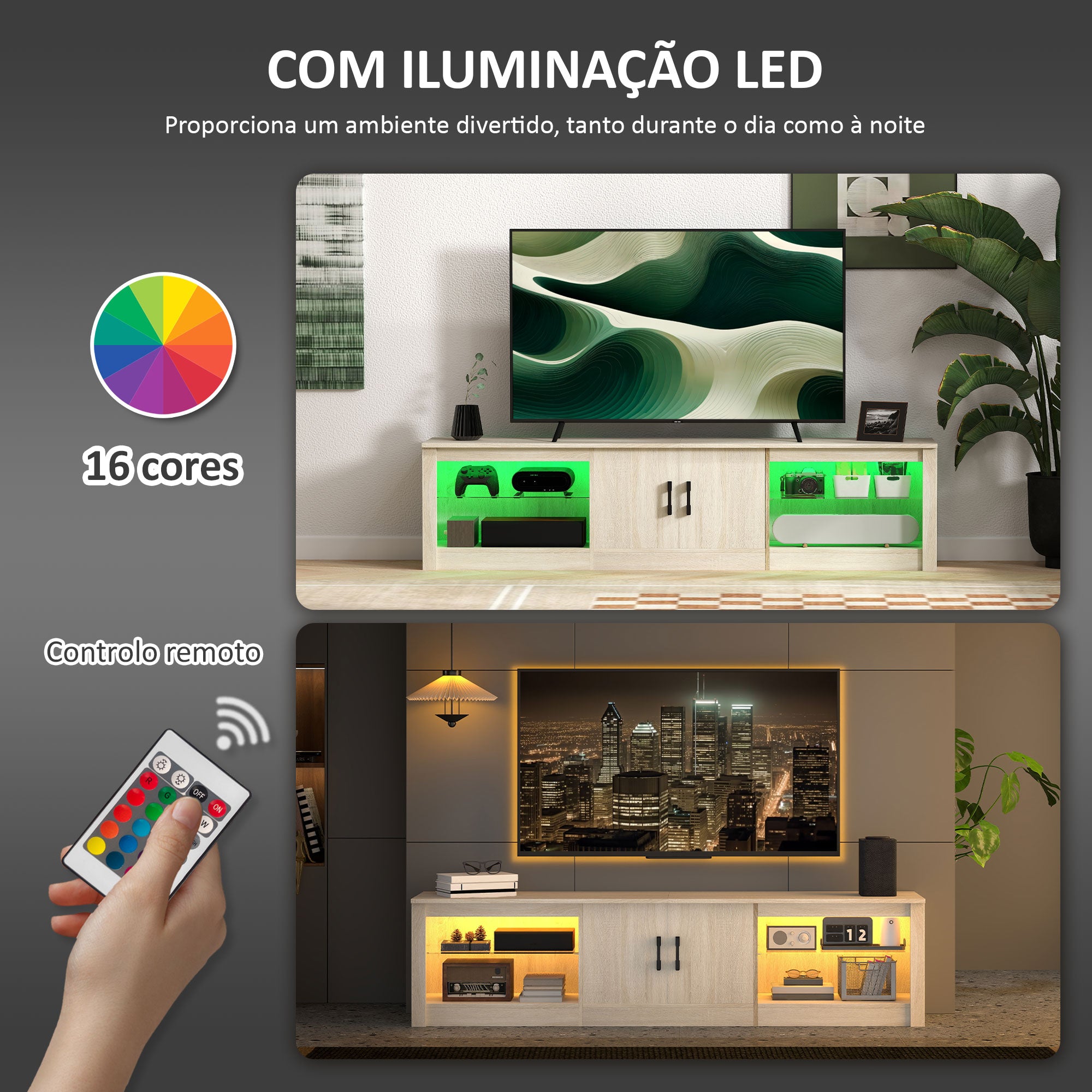 Móvel de TV Moderno com Luzes RGB e Prateleiras de Vidro - 180x35x45 cm - Cor de Madeira Natural