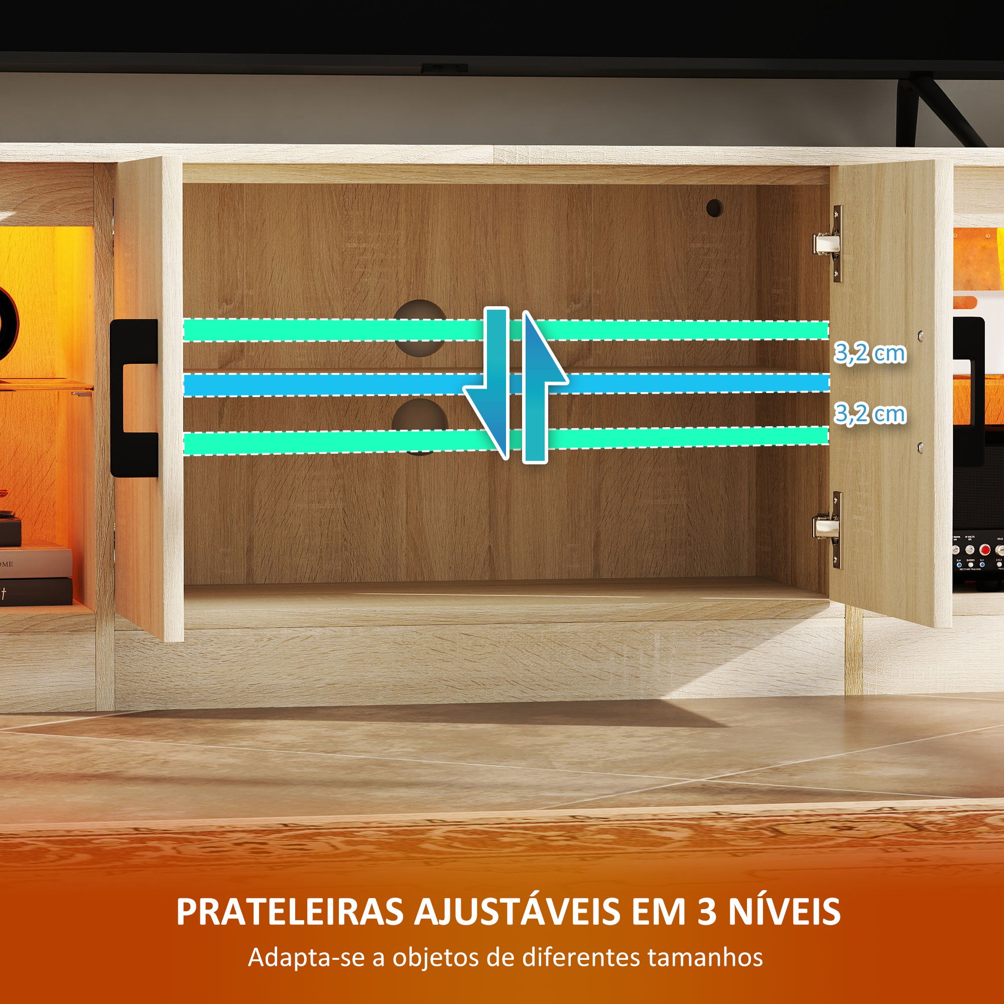 Móvel de TV Moderno com Luzes RGB e Prateleiras de Vidro - 180x35x45 cm - Cor de Madeira Natural