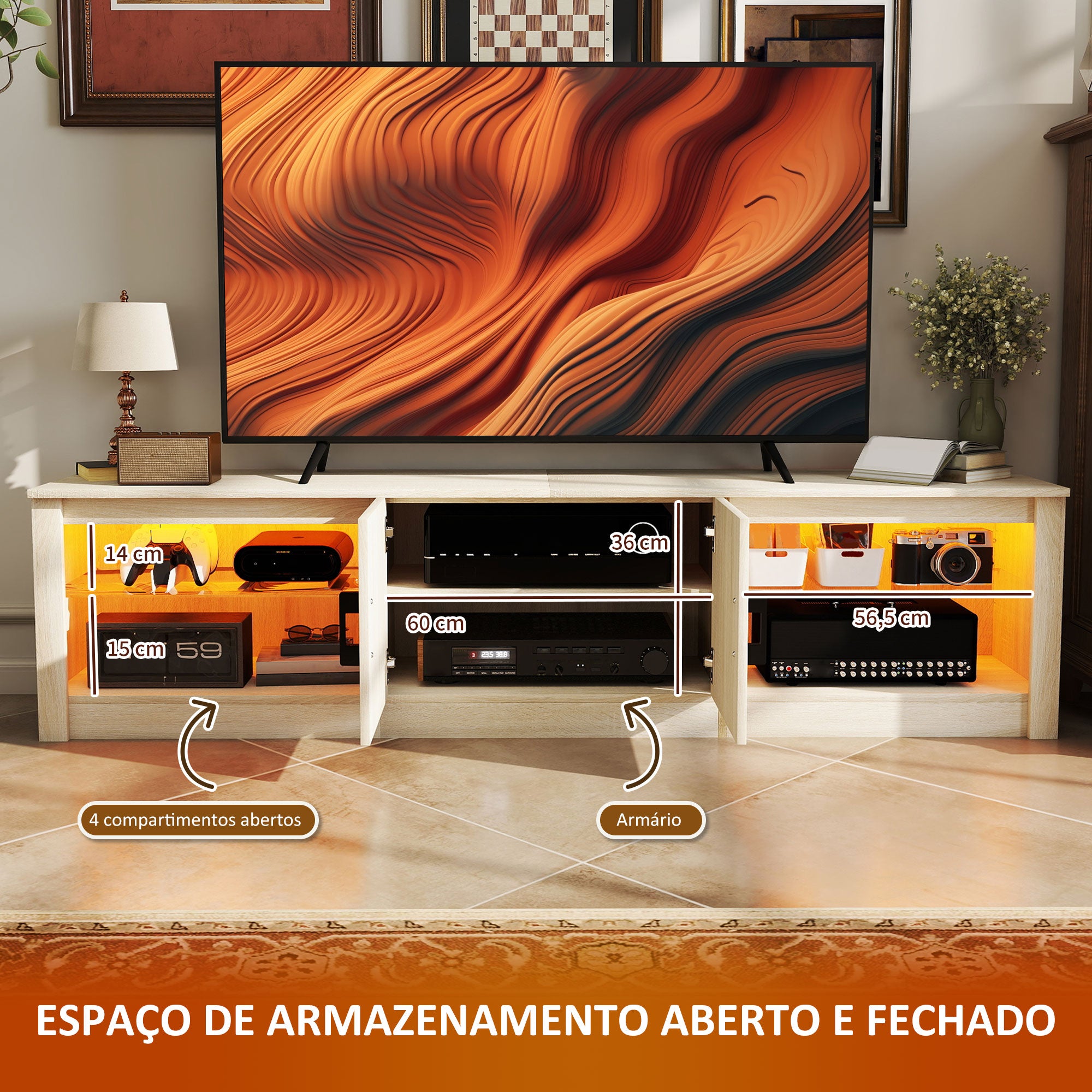 Móvel de TV Moderno com Luzes RGB e Prateleiras de Vidro - 180x35x45 cm - Cor de Madeira Natural