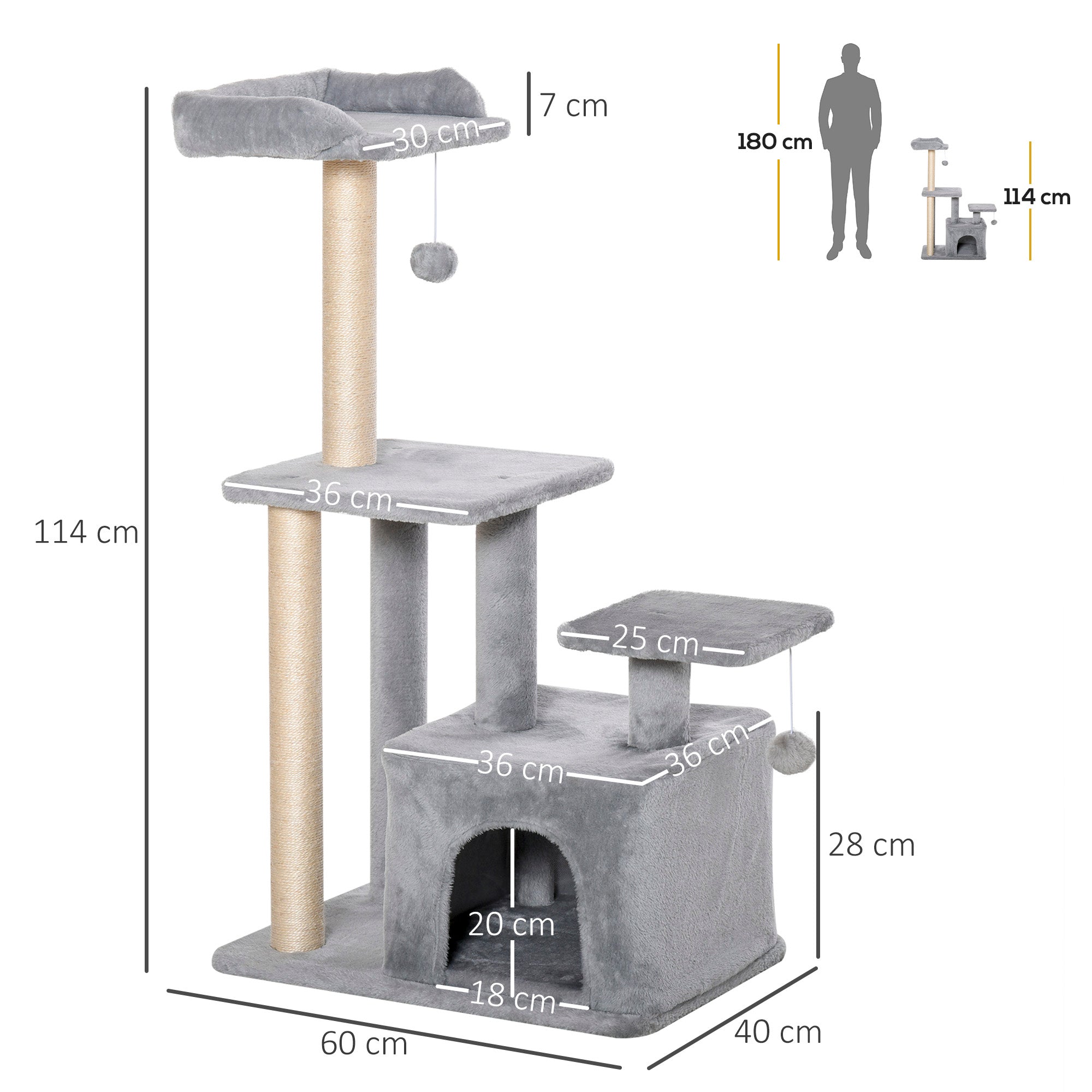 Arranhador para Gatos Cinzento 60x40x114 cm com Postes de Sisal e 3 Plataformas