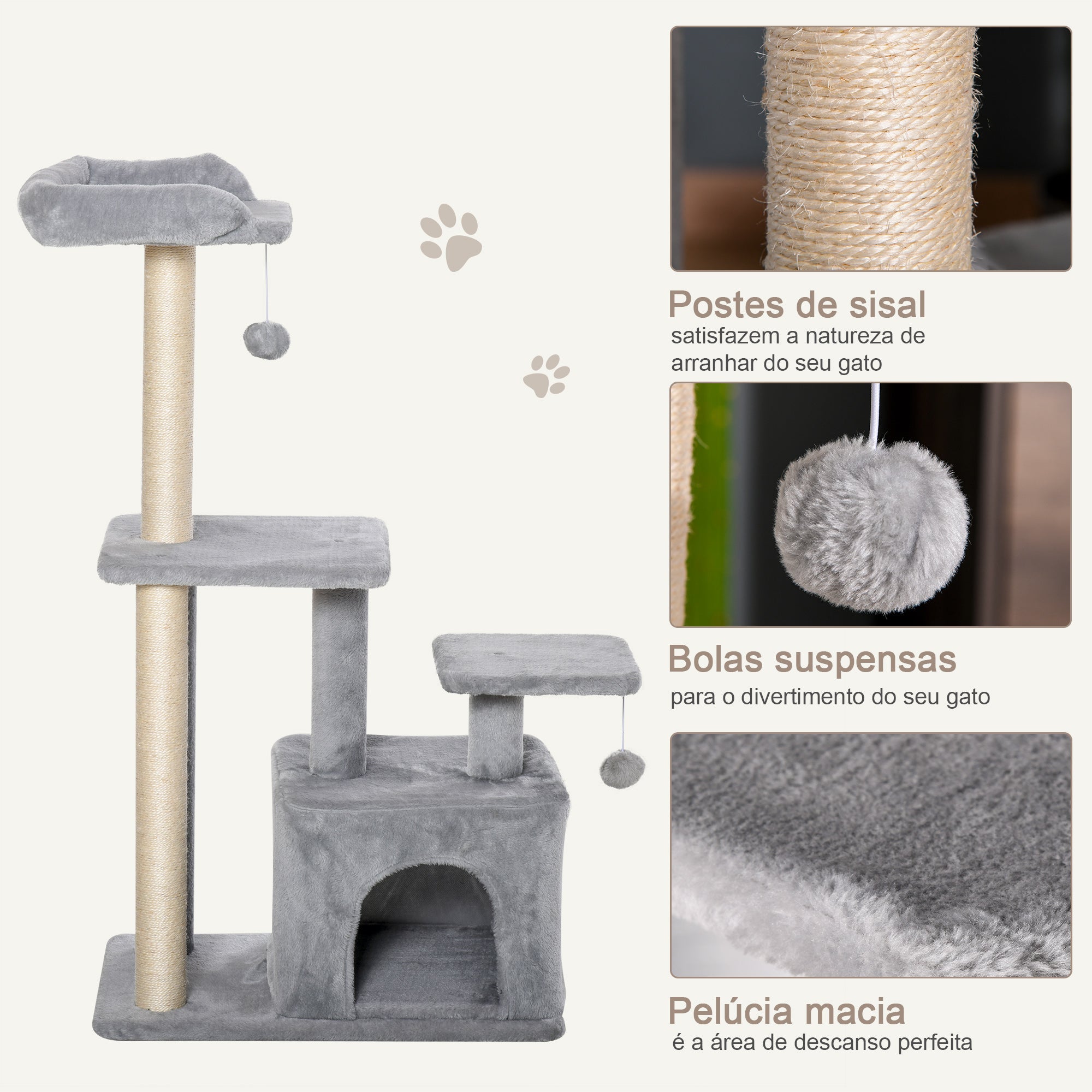 Arranhador para Gatos Cinzento 60x40x114 cm com Postes de Sisal e 3 Plataformas