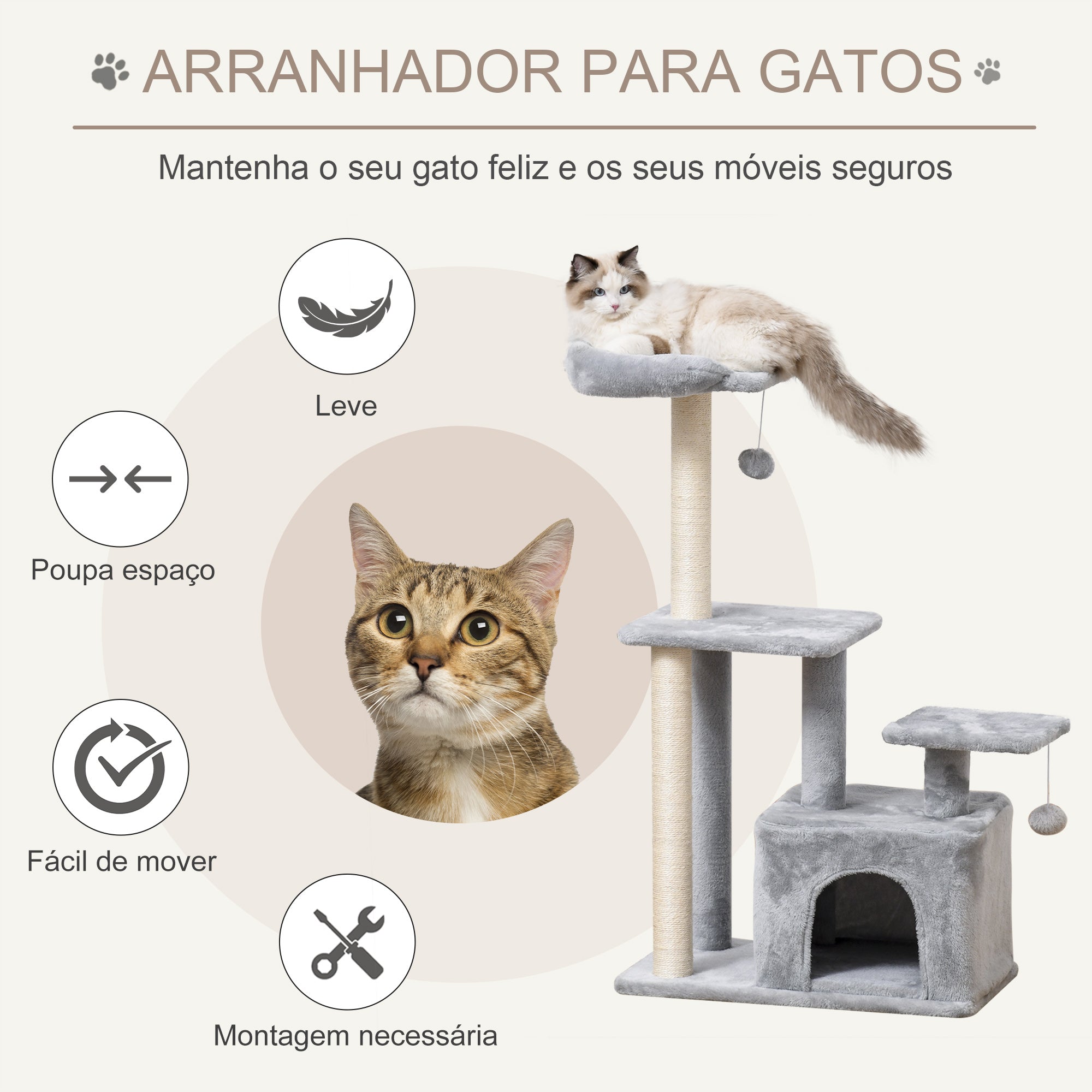Arranhador para Gatos Cinzento 60x40x114 cm com Postes de Sisal e 3 Plataformas