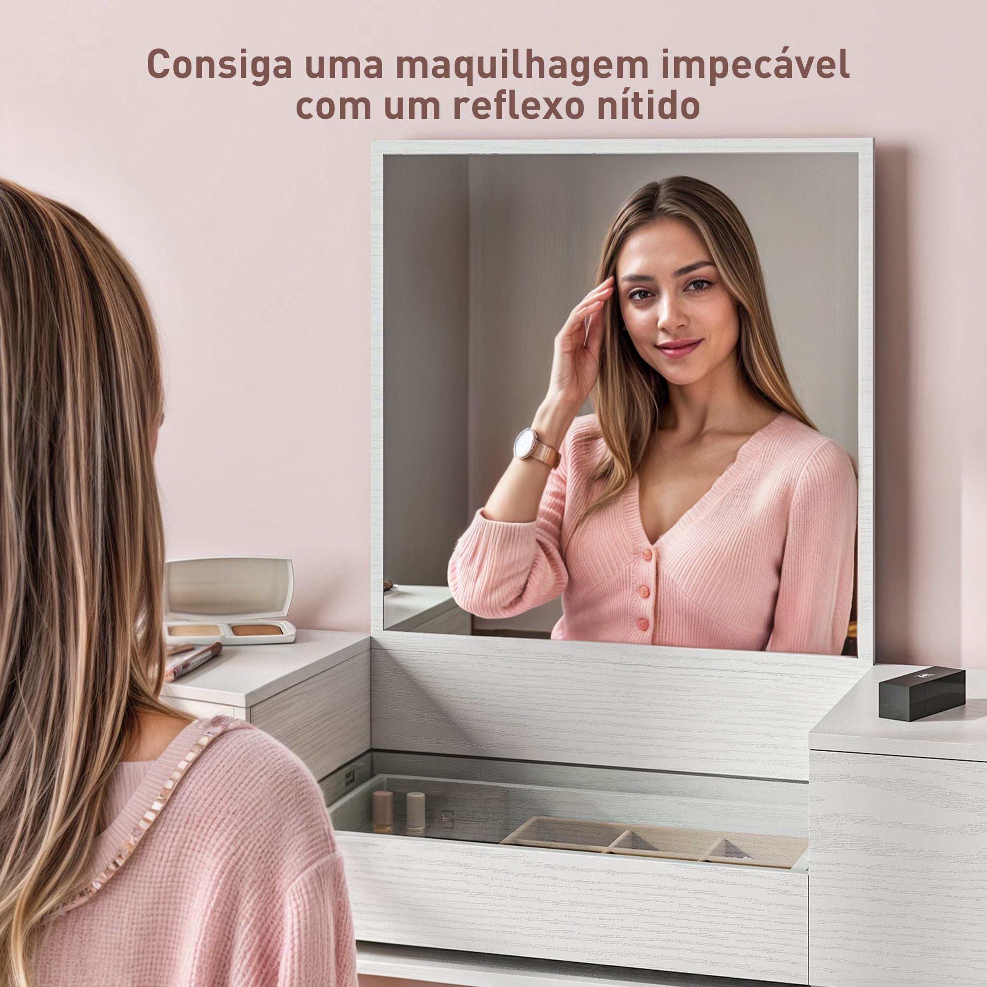 Tocador de Maquilhagem com Espelho de Vidro Temperado 3 Gavetas 105,5x30x130,5 cm - Branco