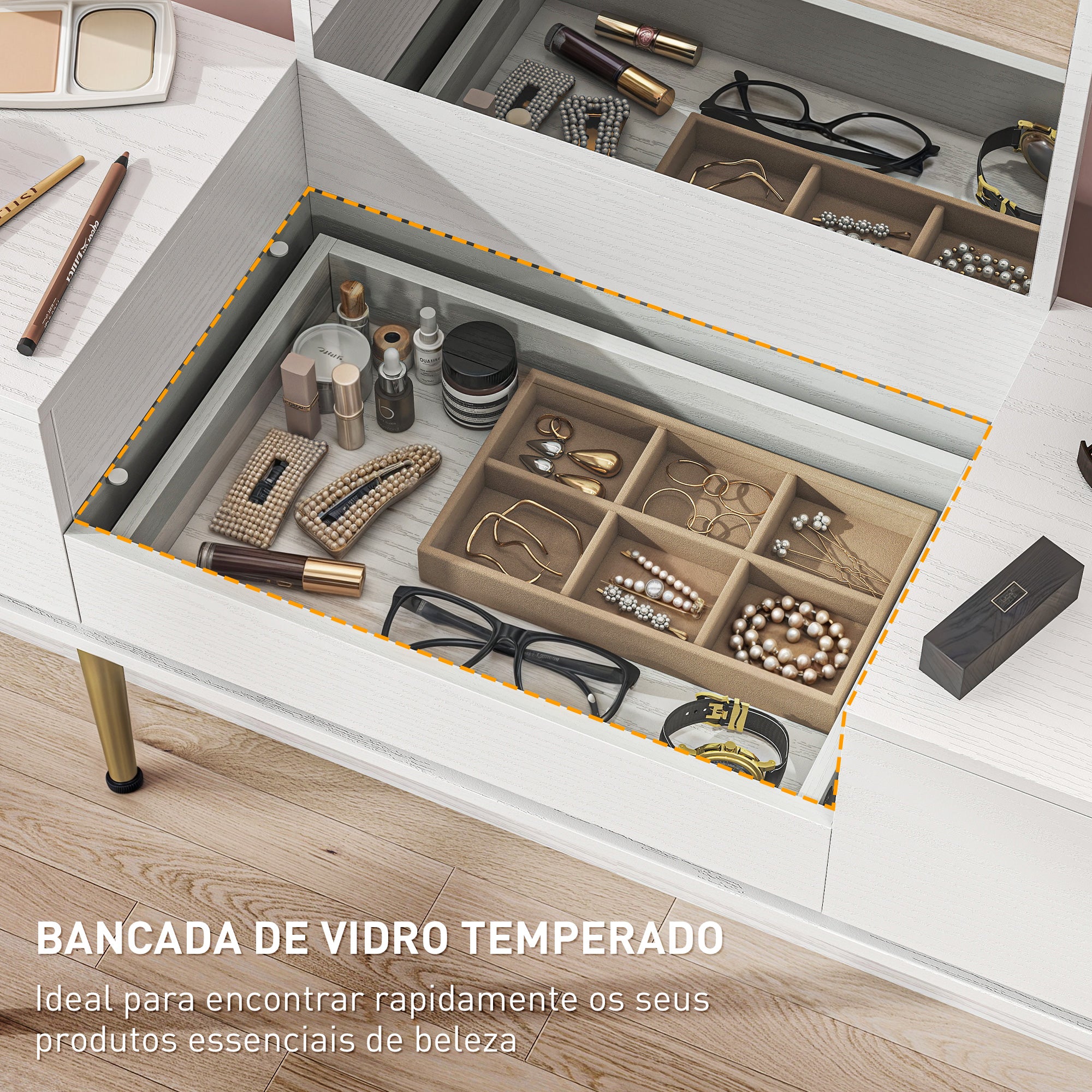 Tocador de Maquilhagem com Espelho de Vidro Temperado 3 Gavetas 105,5x30x130,5 cm - Branco