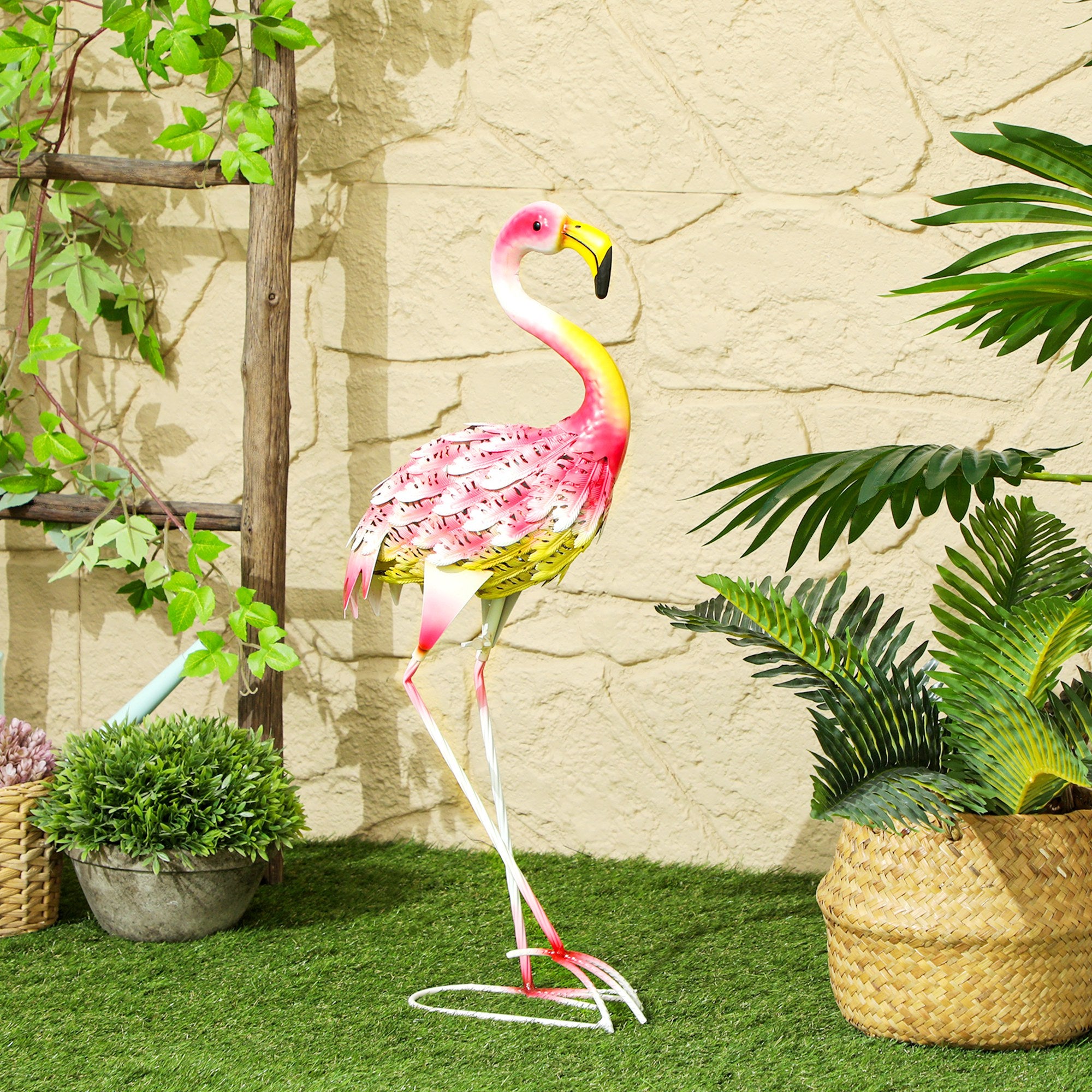 Estátua de Jardim de Flamingos em Metal 27x14x60 cm - Cor Rosa
