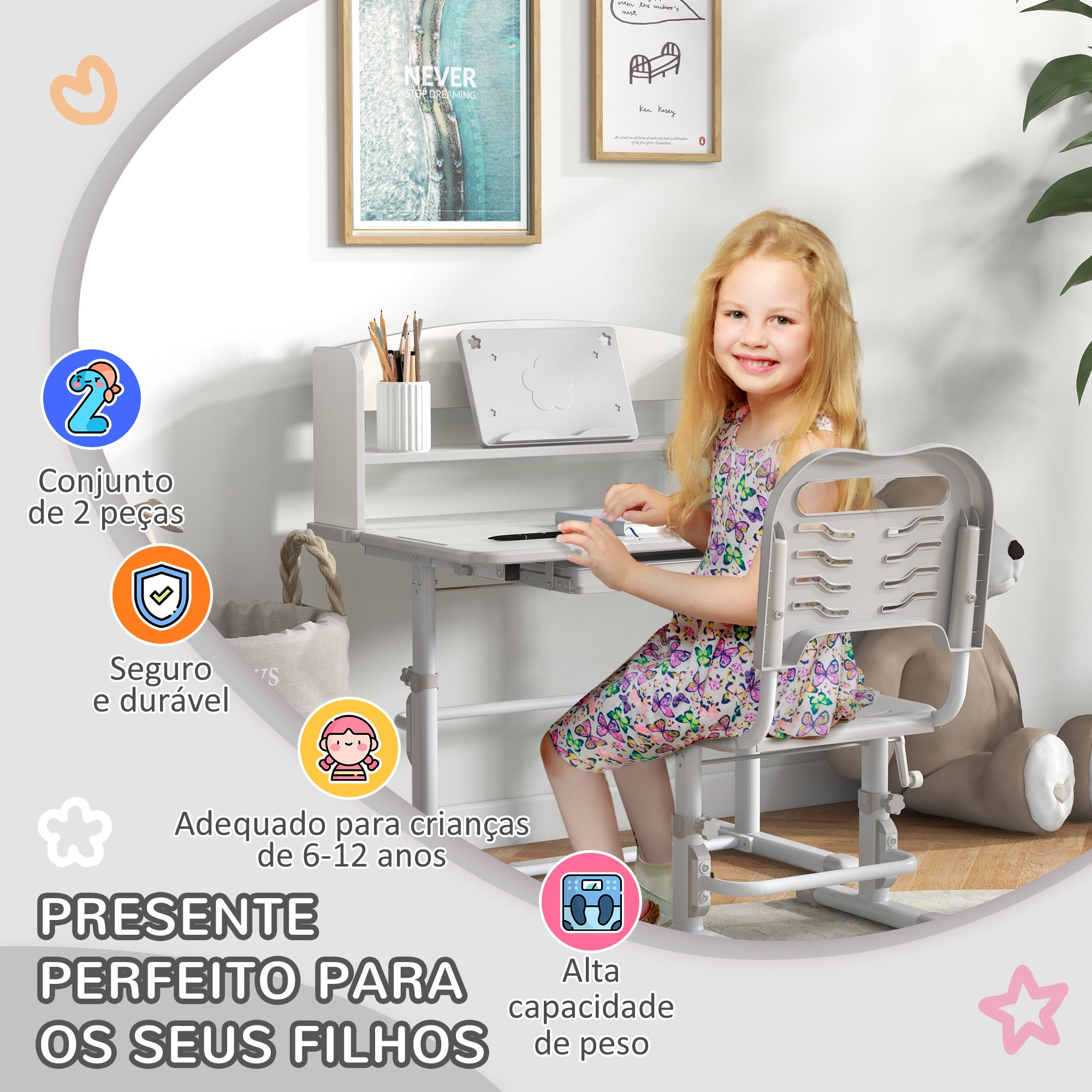 Secretária e Cadeira para Crianças 80x54,5x82-104 cm Cinzento