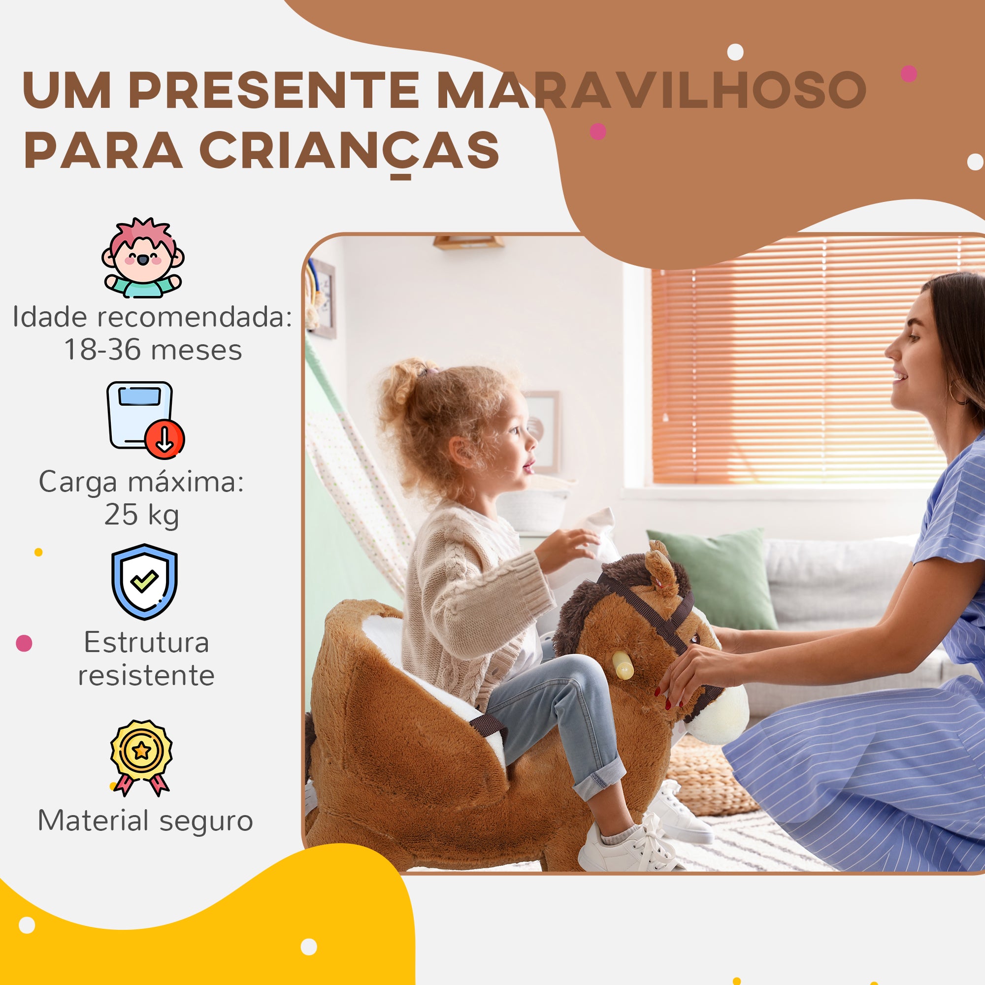 Cavalo Baloiço para Crianças 68x33x45 cm - Marrom