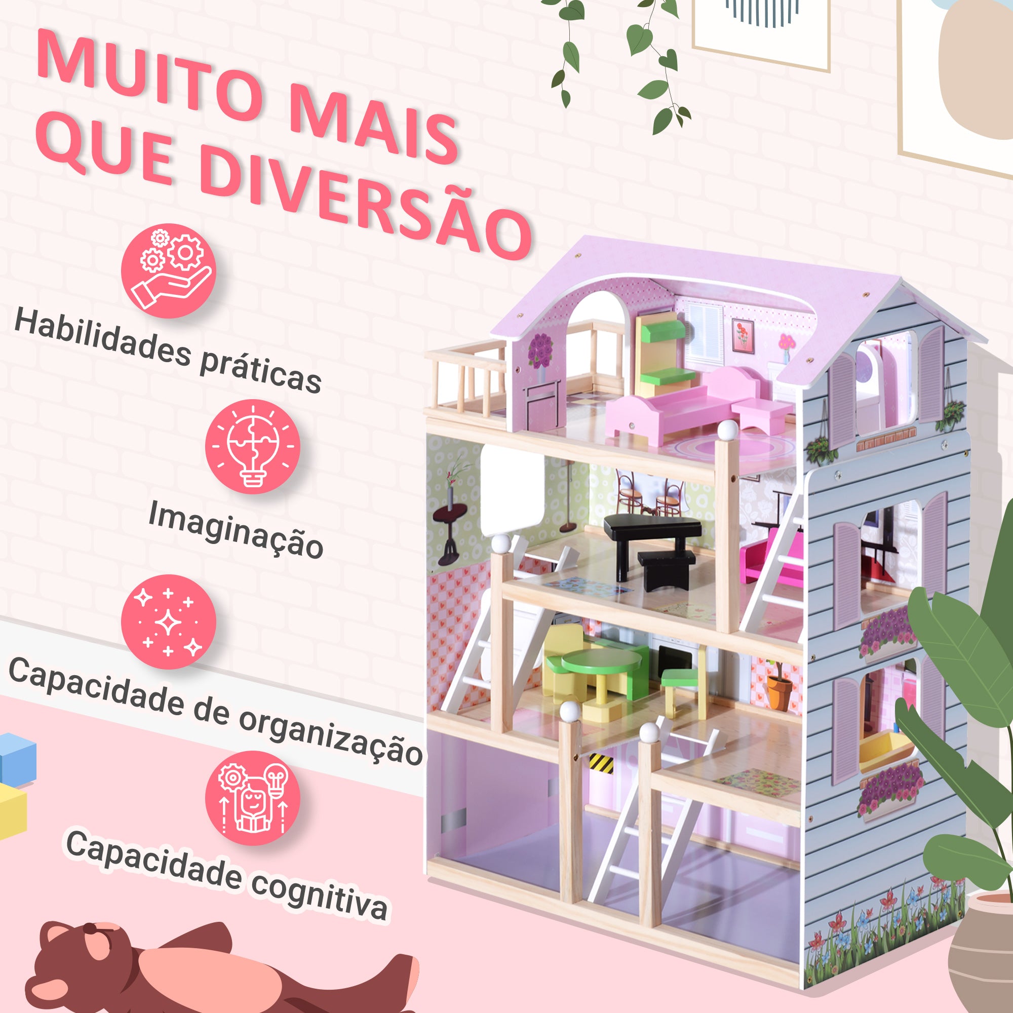 Casa de Bonecas 4 Andares Rosa 60,5x30x80,5cm