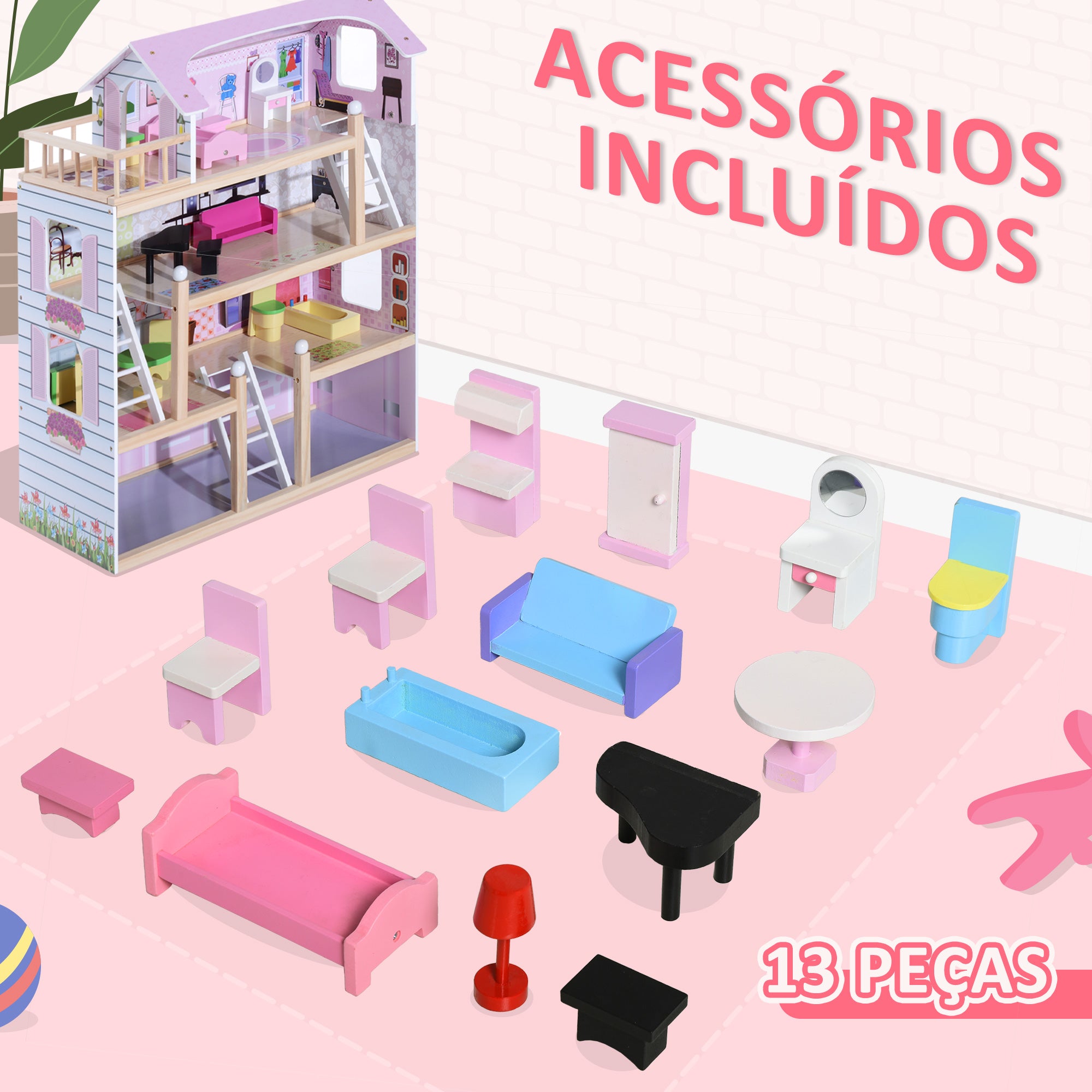 Casa de Bonecas 4 Andares Rosa 60,5x30x80,5cm