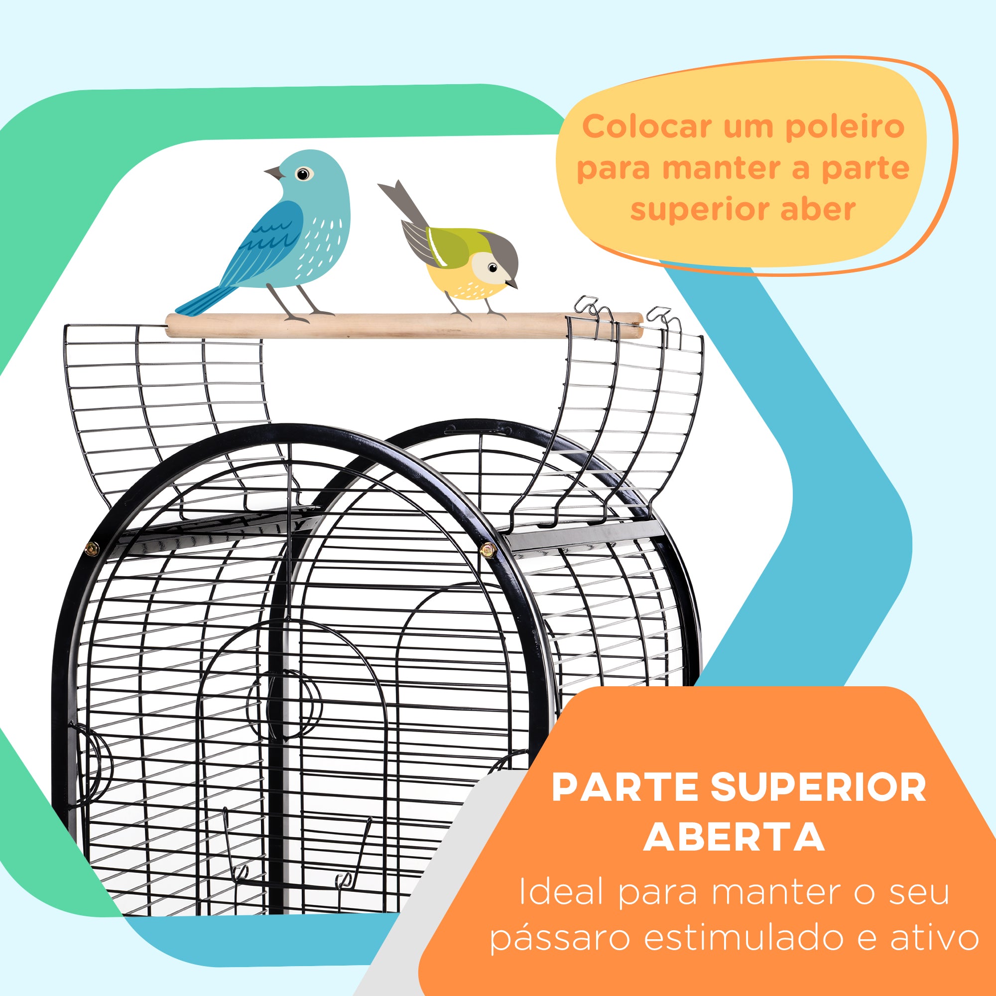 Gaiola Metálica para Pássaros com 3 Poleiros de Madeira Amovíveis 54x54x151 cm - Preto