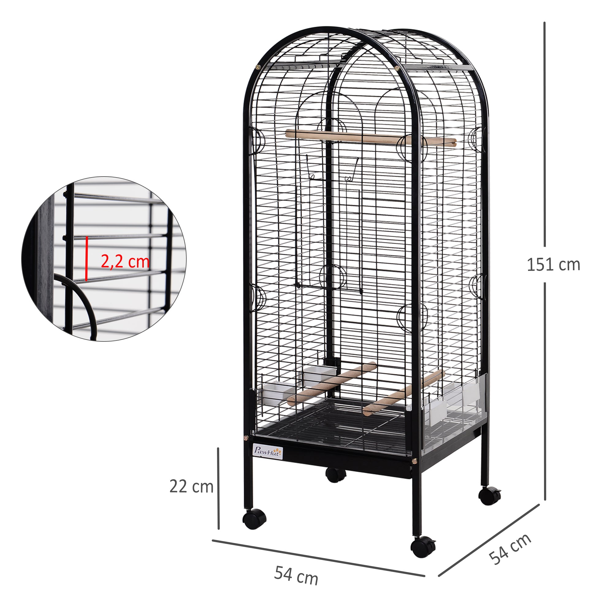 Gaiola Metálica para Pássaros com 3 Poleiros de Madeira Amovíveis 54x54x151 cm - Preto