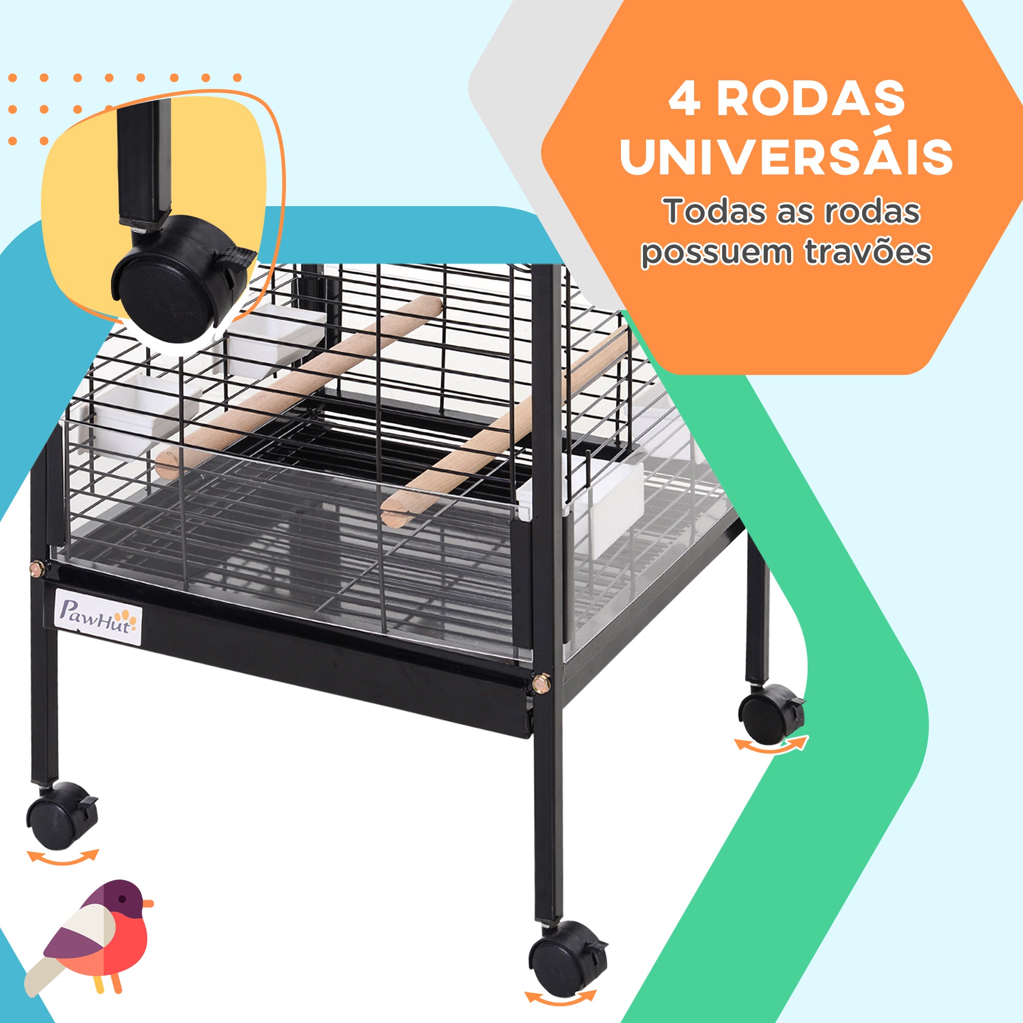 Gaiola Metálica para Pássaros com 3 Poleiros de Madeira Amovíveis 54x54x151 cm - Preto