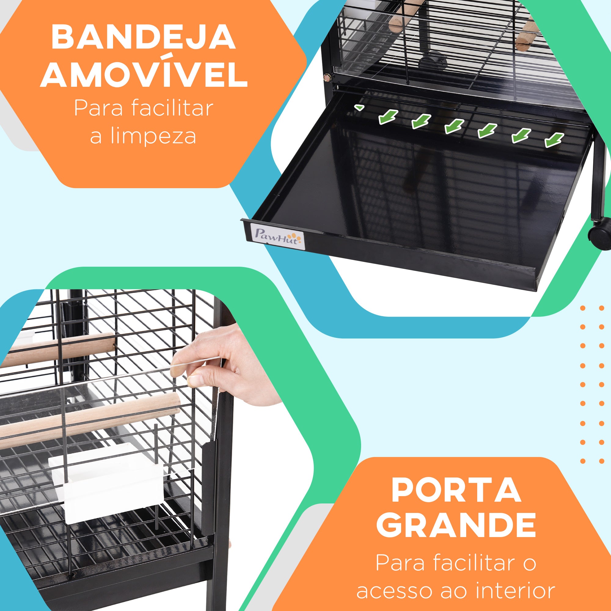 Gaiola Metálica para Pássaros com 3 Poleiros de Madeira Amovíveis 54x54x151 cm - Preto