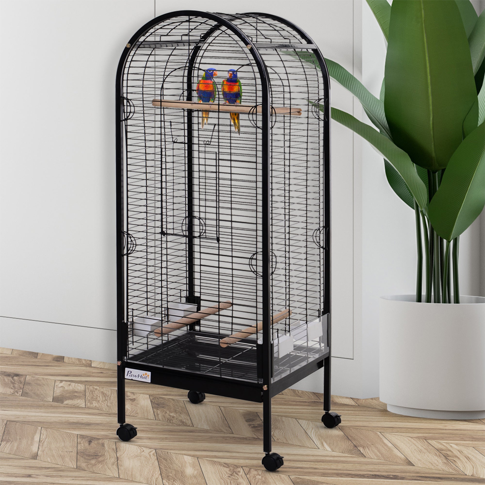 Gaiola Metálica para Pássaros com 3 Poleiros de Madeira Amovíveis 54x54x151 cm - Preto
