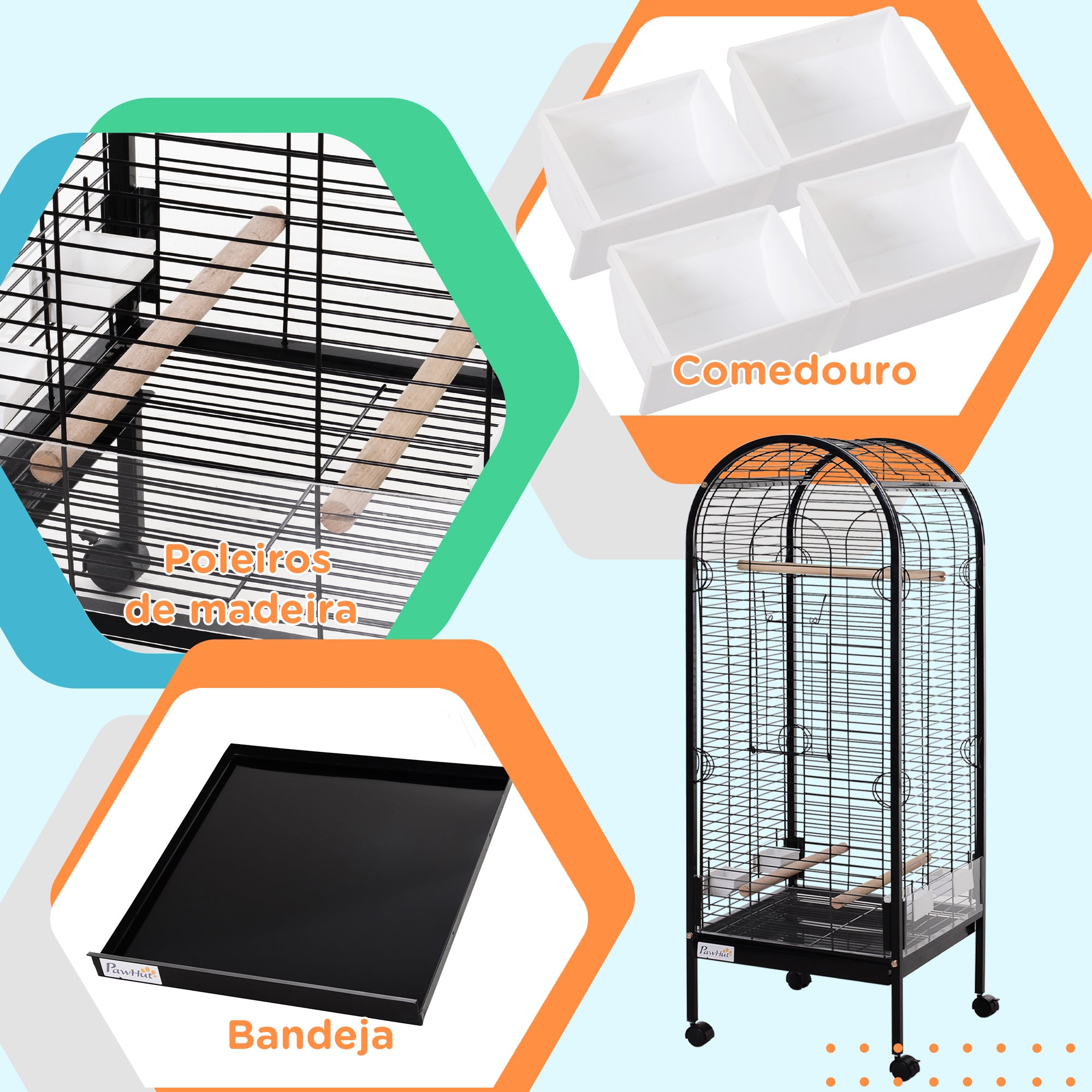 Gaiola Metálica para Pássaros com 3 Poleiros de Madeira Amovíveis 54x54x151 cm - Preto