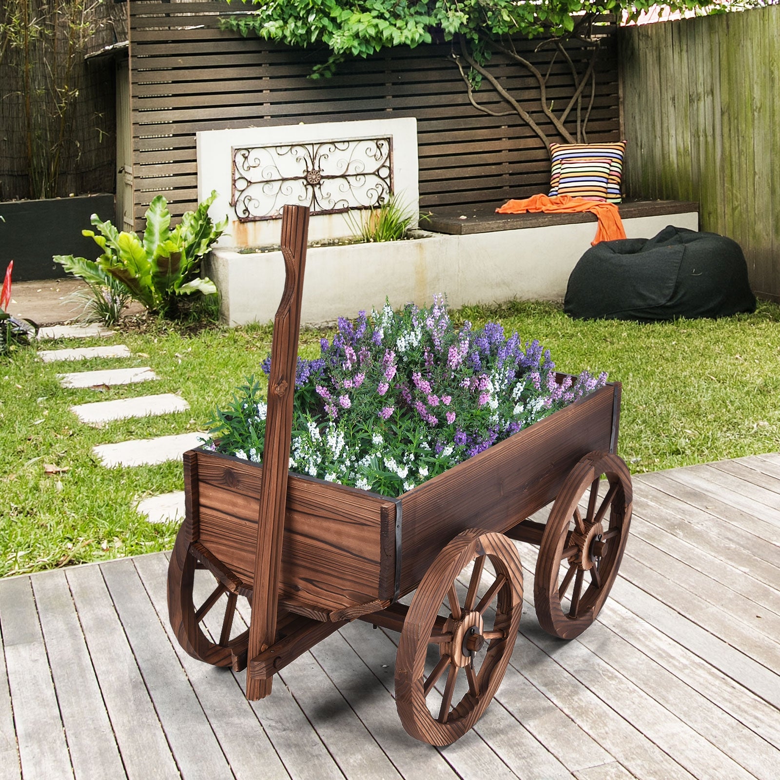 Carriça de Jardim em Madeira para Flores com Rodas Suporte de Planta Decorativo para Exterior Marrom 120 x 43 x 53,5 cm