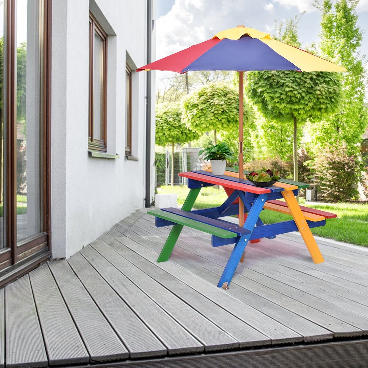 Mesa de Piquenique com Bancos em Madeira com Guarda-Sol Dobrável para Exterior Jardim Pátio Multiusos