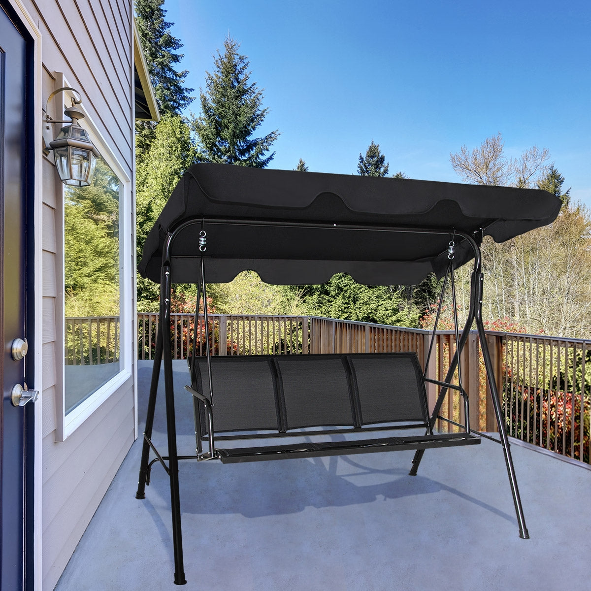 Baloiço de Jardim de 3 Lugares com Telhado de Metal para Terraço Varanda Pátio Exterior Preto