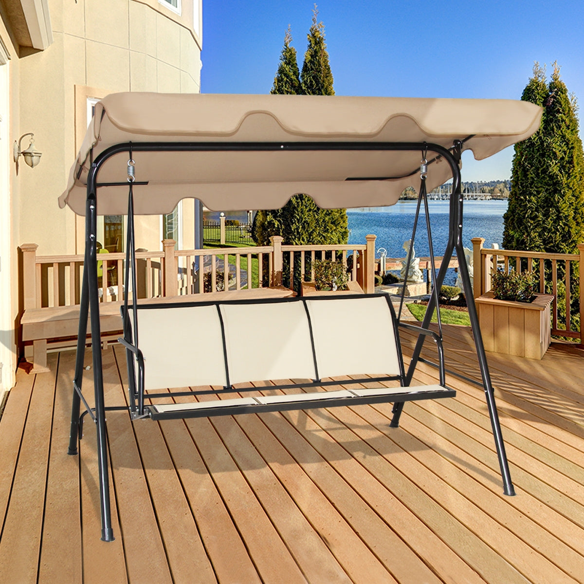 Baloiço de Jardim de 3 Lugares com Telhado Baloiço em Metal para Terraço Varanda Pátio Exterior Castanho Claro