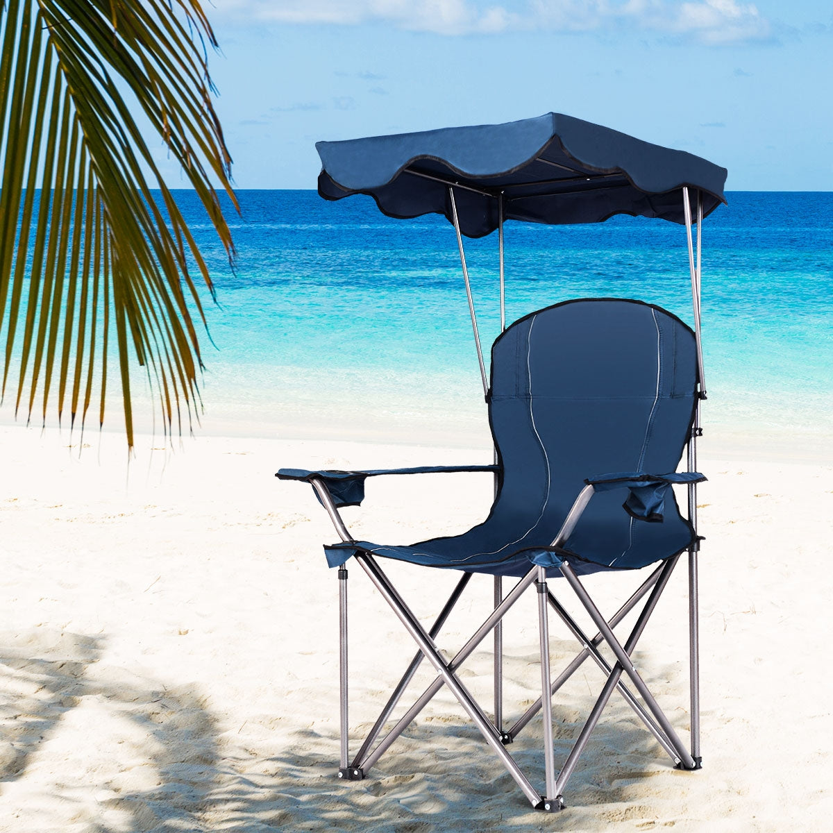 Cadeira de Campismo Dobrável com Toldo de Sombra Porta-copos Cadeira de Praia Suporta 120 kg para Pátio Acampamento 53,5 x 53,5 x 130 cm Azul