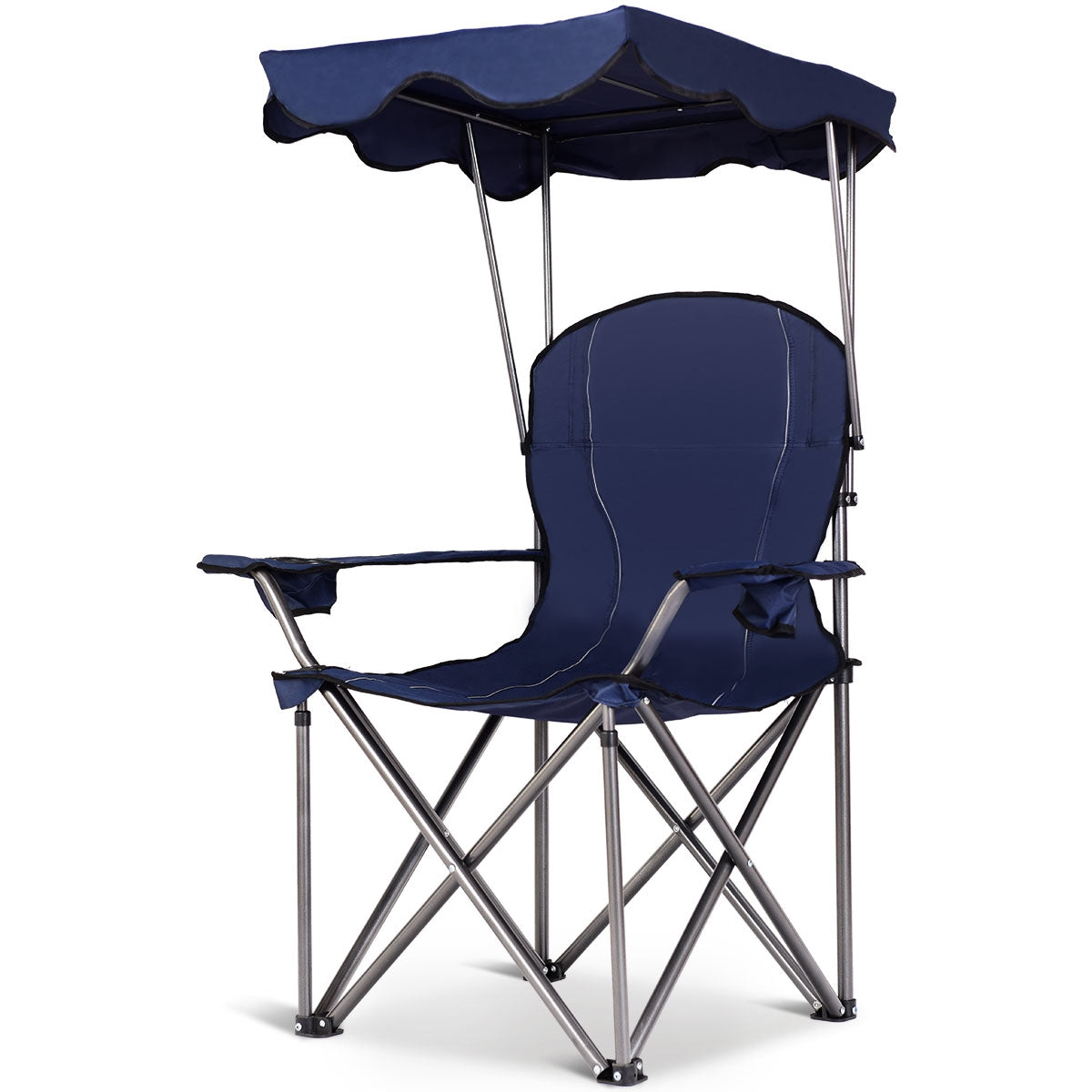 Cadeira de Campismo Dobrável com Toldo de Sombra Porta-copos Cadeira de Praia Suporta 120 kg para Pátio Acampamento 53,5 x 53,5 x 130 cm Azul