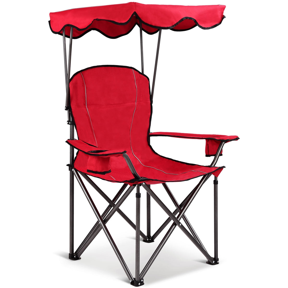 Silla de Camping Plegável com Toldo de Sombra Porta Copos Carga 120 kg para Pátio Acampamento 53,5 x 53,5 x 130 cm Vermelho