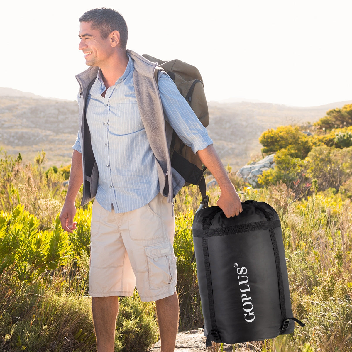 Saco de Dormir Desmontável Impermeável para Camping com Almofada para 2 Pessoas ao Ar Livre