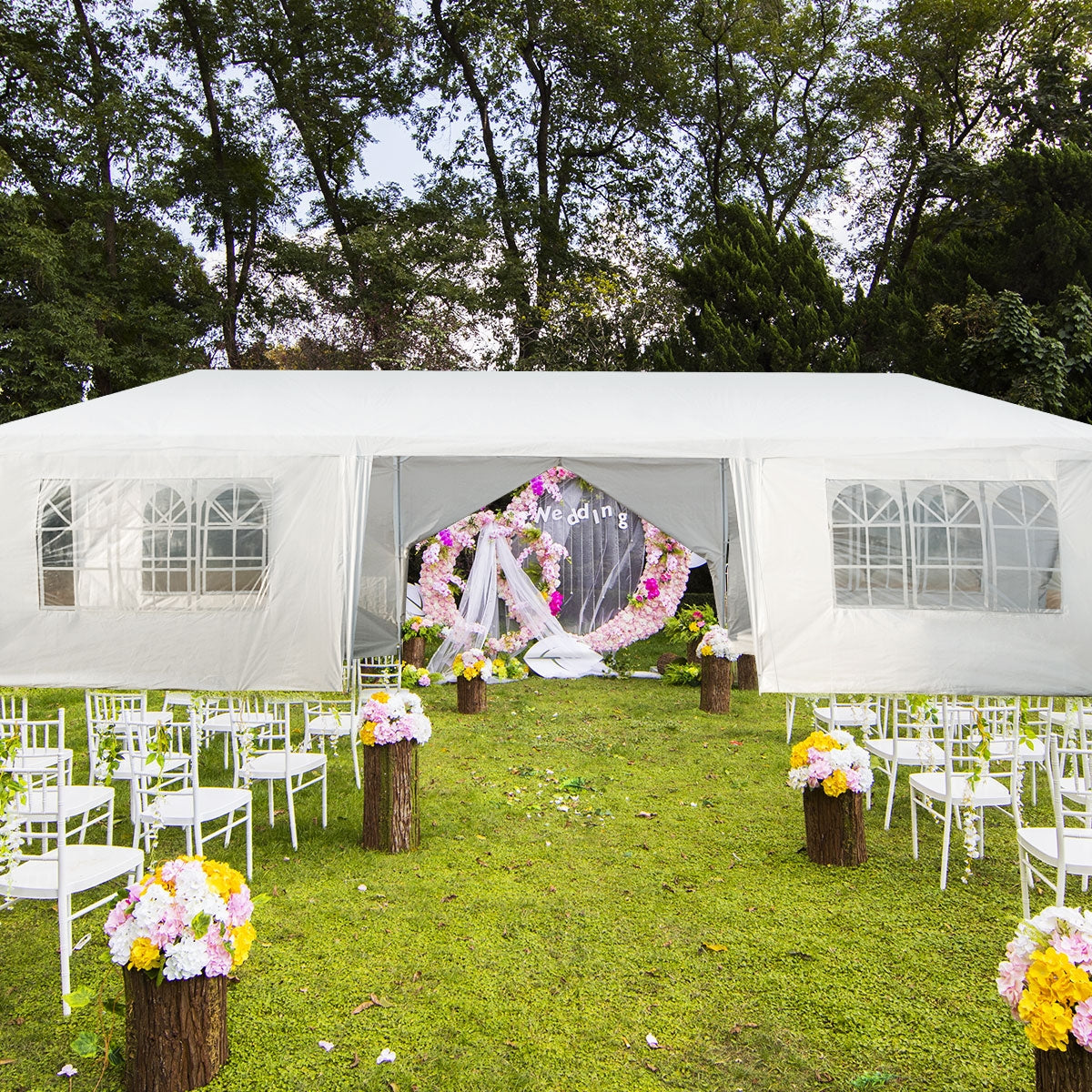 Toldo Impermeável 3 x 9 m com 6 Painéis Laterais Removíveis e 2 Portas para Eventos ao Ar Livre