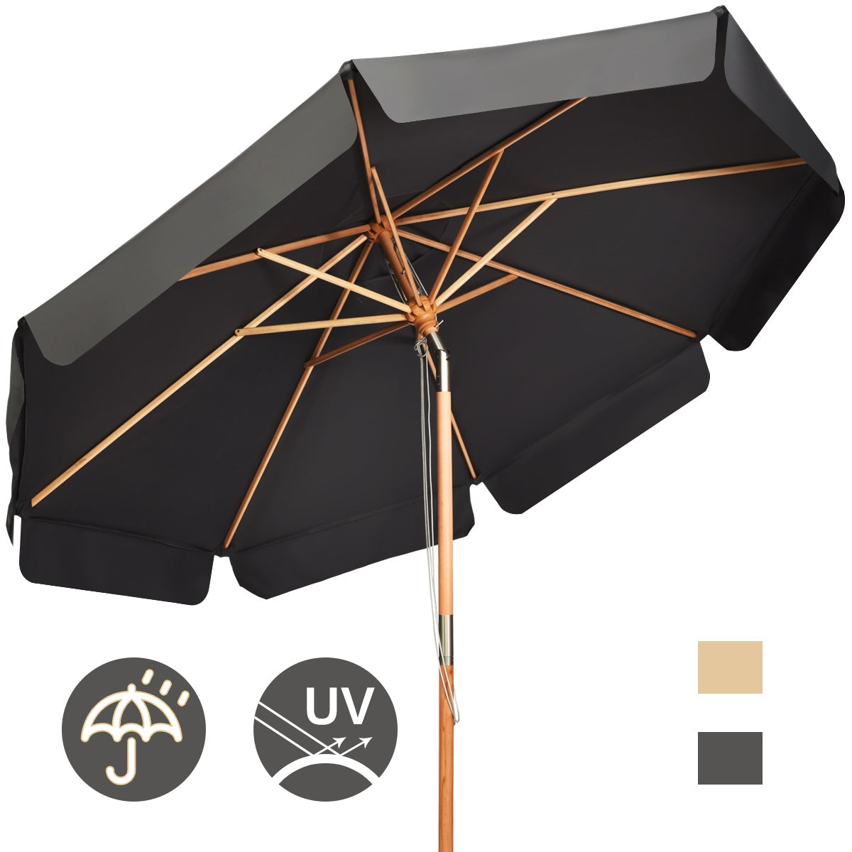 Guarda-Sol de Exterior com Botão Manual 8 Varetas de Madeira Brancas Tecido Poliéster Impermeável para Pátio Praia Piscina Cinzento 300 x 253 cm