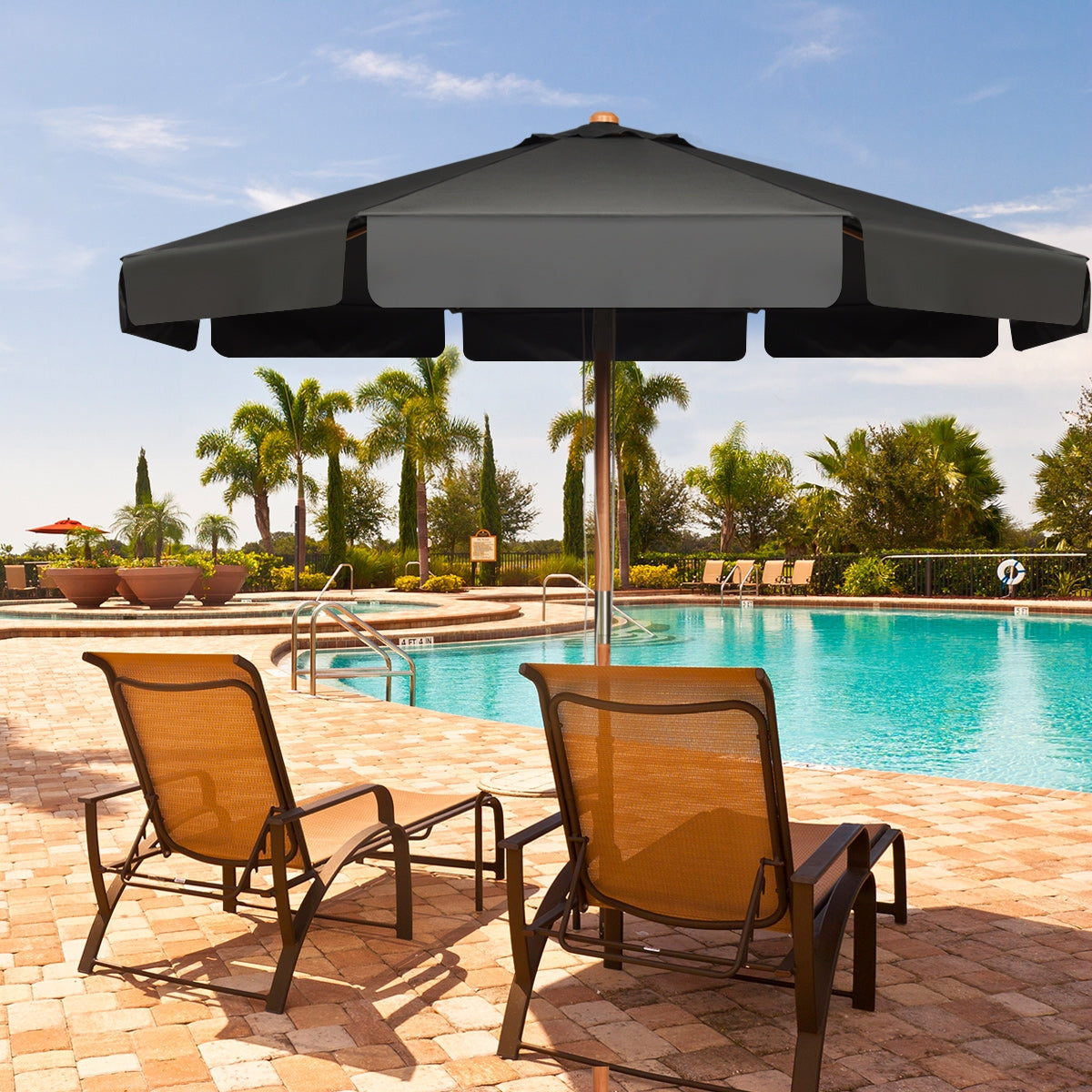 Guarda-Sol de Exterior com Botão Manual 8 Varetas de Madeira Brancas Tecido Poliéster Impermeável para Pátio Praia Piscina Cinzento 300 x 253 cm
