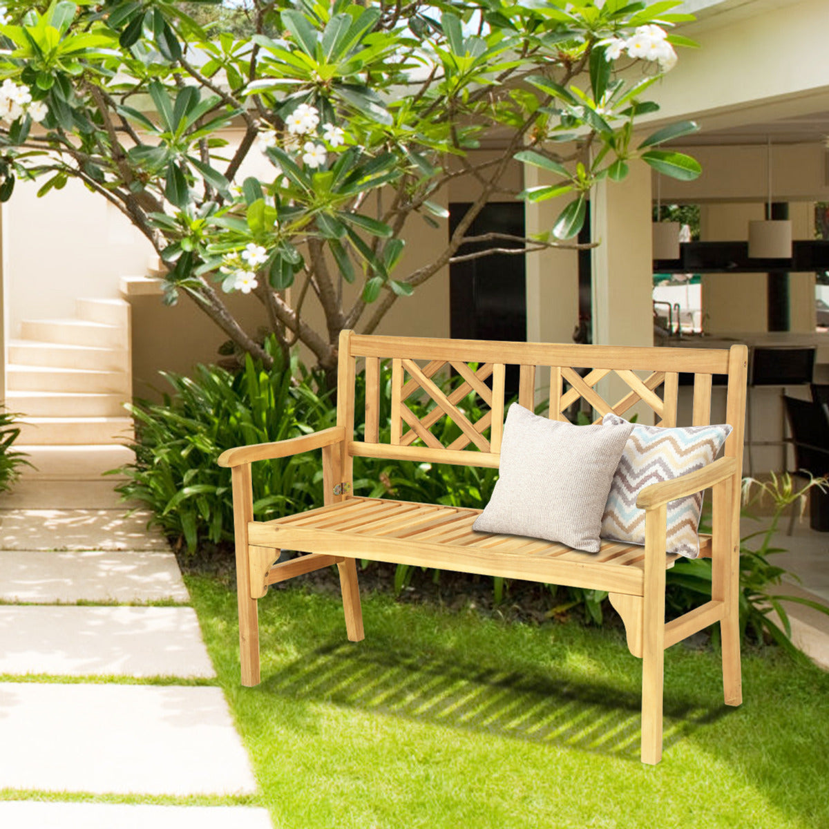 Banco de Jardim Dobrável em Madeira de Acácia para Exterior 120 cm para 2 Pessoas com Encosto Curvo e Apoio de Braços - Cor Teca