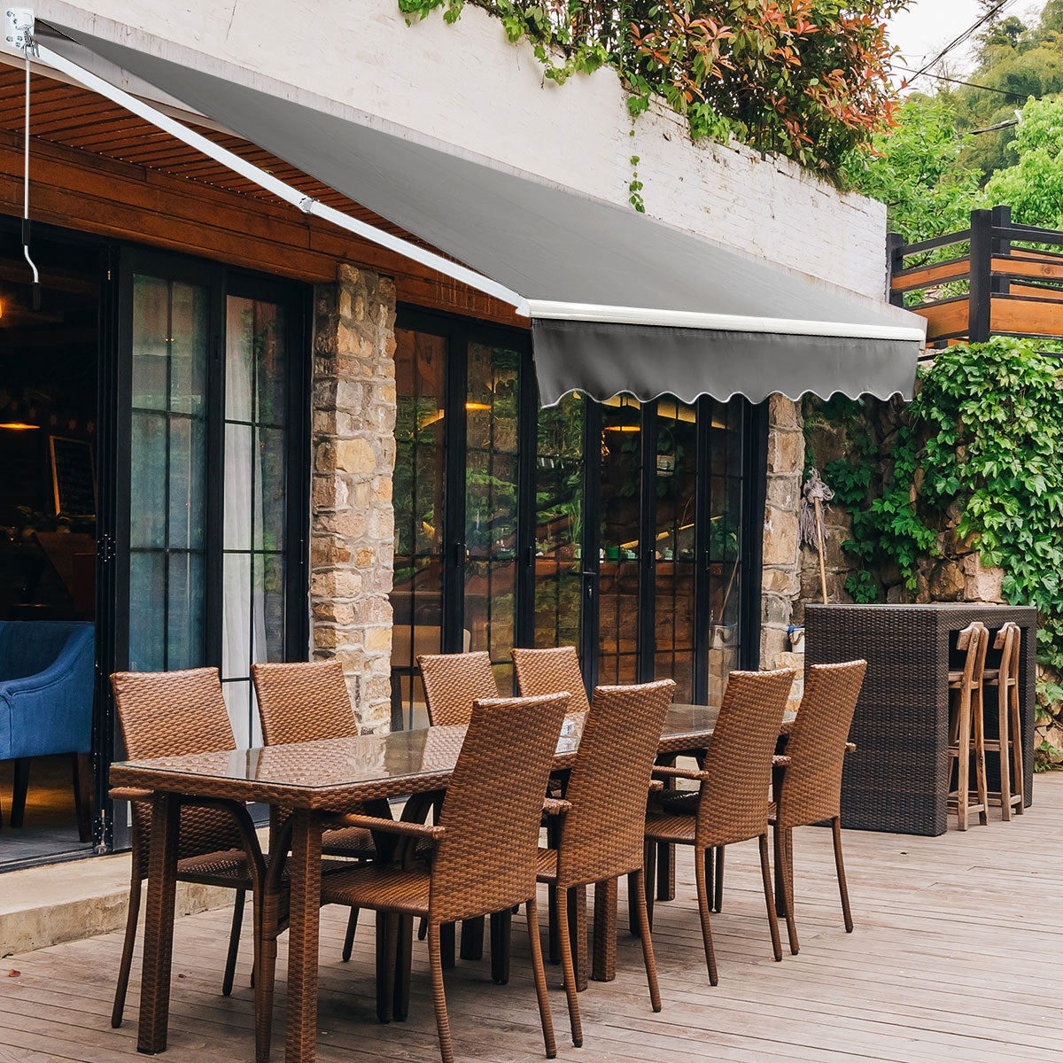 Toldo Retrátil 295 x 250 cm com Manivela Manual Marquise para Parede Porta Janela Cinzento