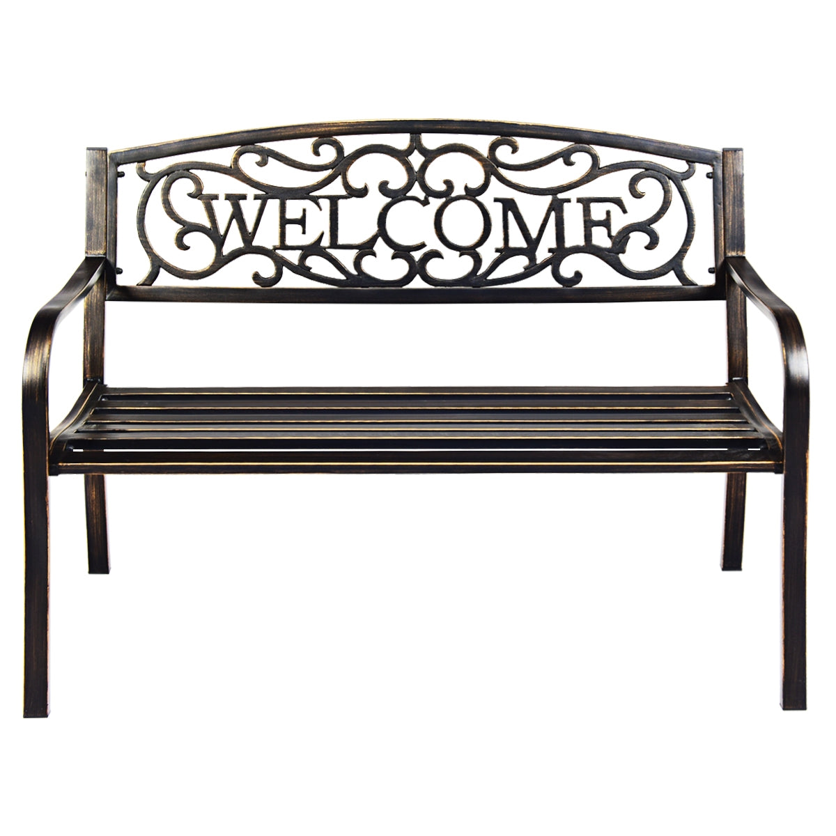 Banco de Jardim com Estrutura de Metal e Letreiro WELCOME - Bronze 127 x 63,5 x 89 cm