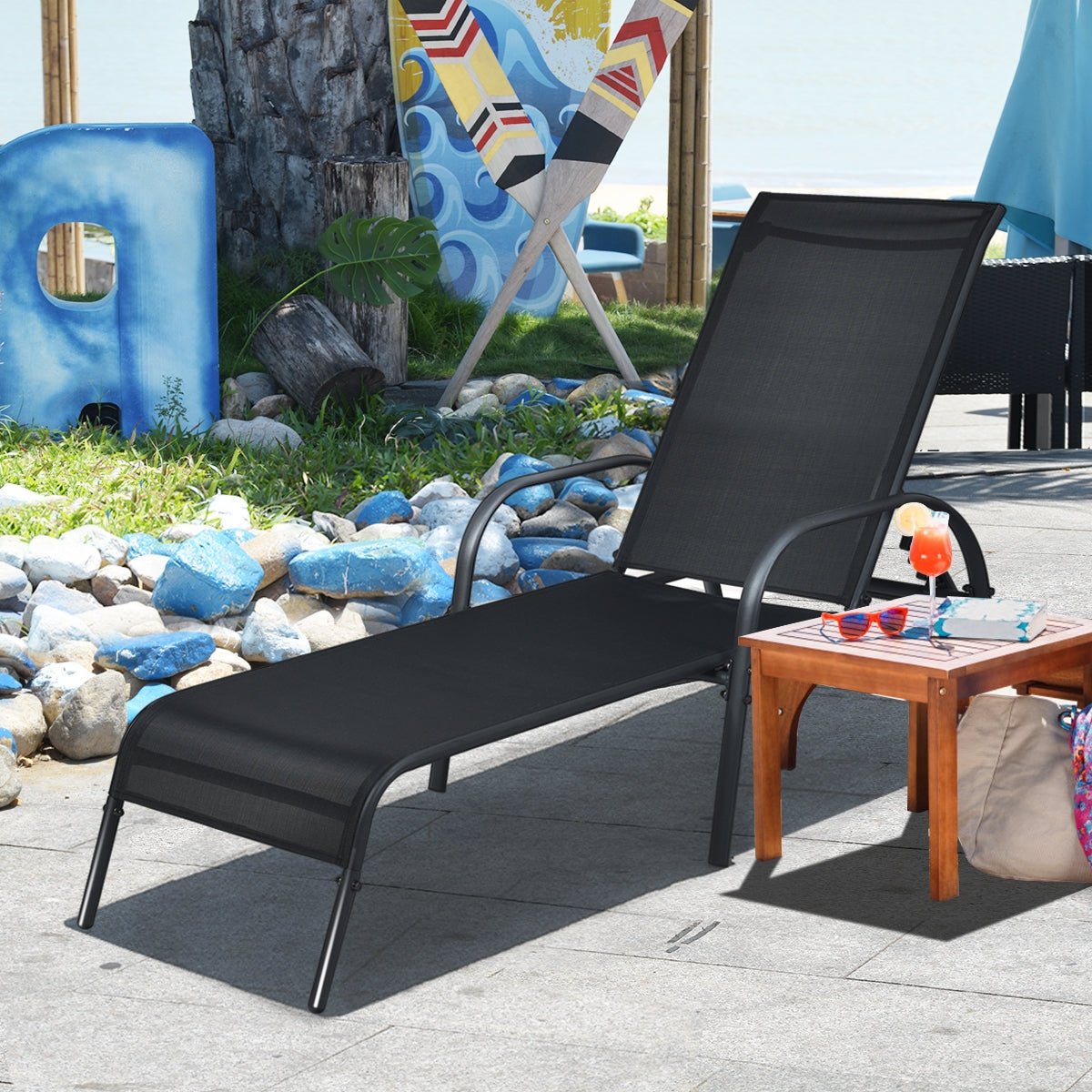Chaise Longue Reclinável e Dobrável para Exterior com Encosto Regulável para Praia Varanda Piscina Alpendre Preto 192 x 66 x 61,5 cm
