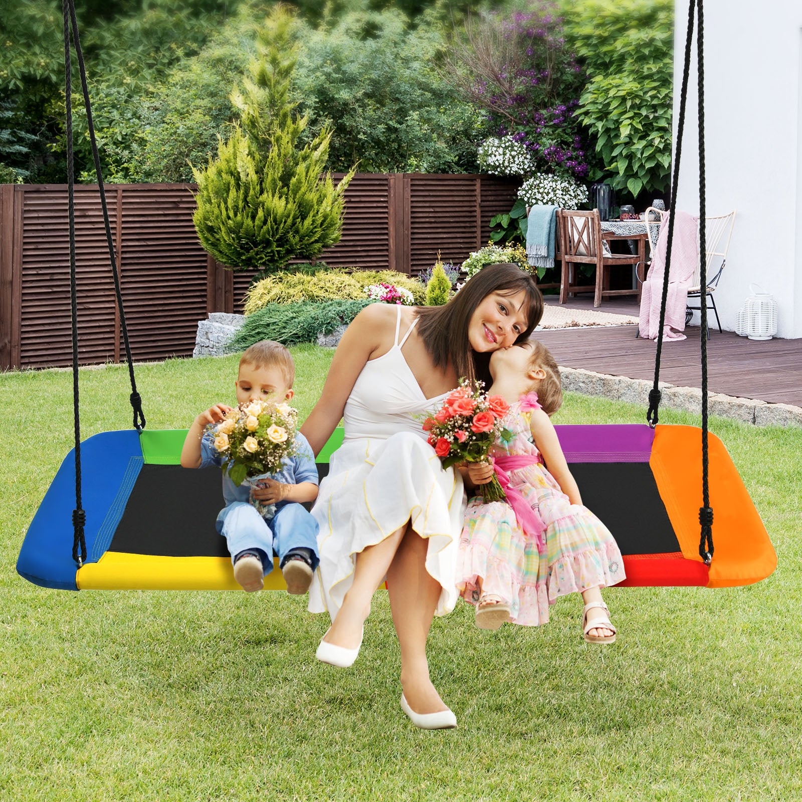 Baloiço com Cordas Reguláveis para Crianças Estrutura em Aço Impermeável para Interior e Exterior Pórtico Pátio Colorido 150 x 80 cm