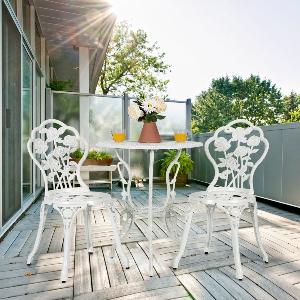 Conjunto de Jantar de Jardim – 2 Cadeiras e 1 Mesa – Branco – Alumínio e Fundição