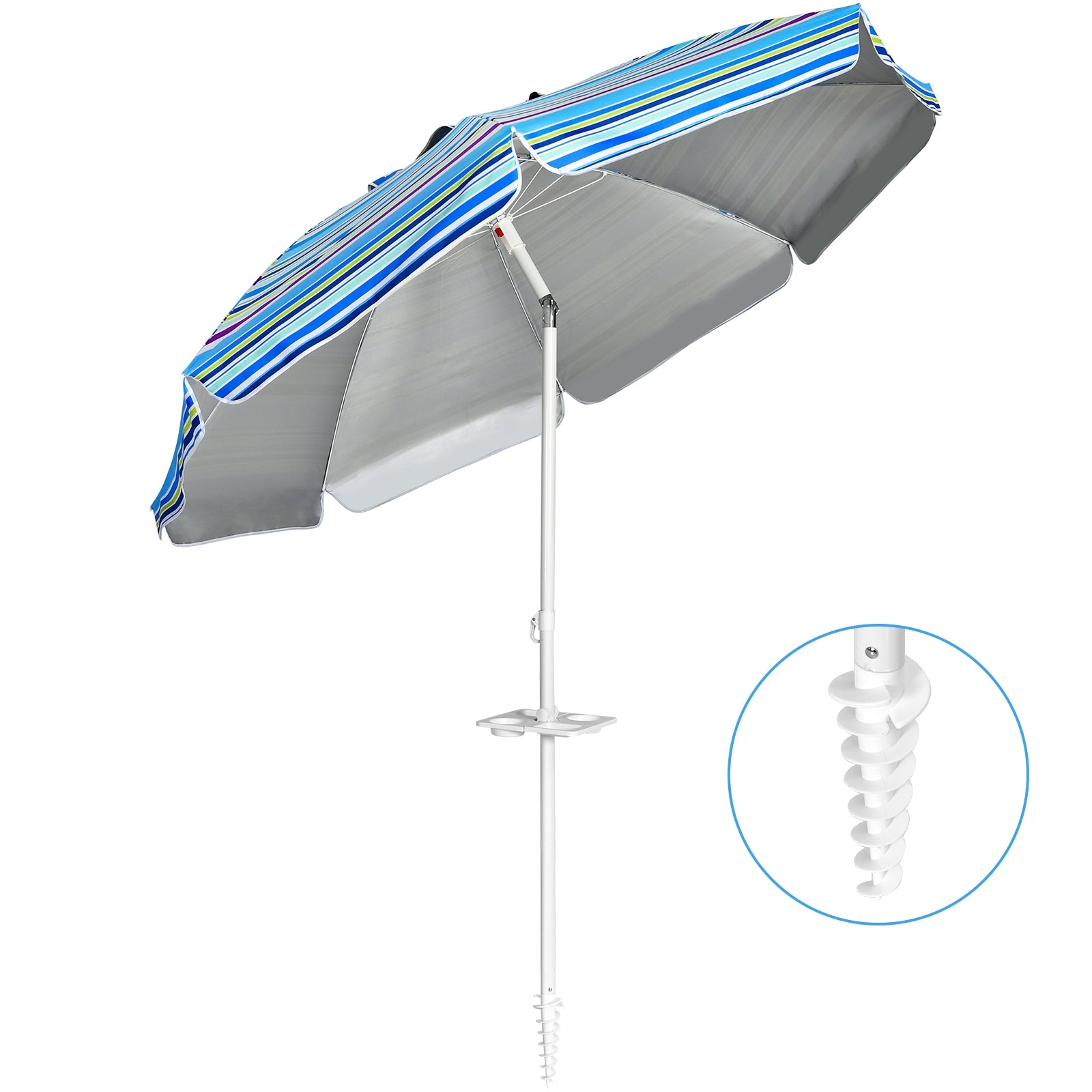 Sombrinha de Praia Parasol Inclinável Portátil com Proteção Solar UPF50+ para Exterior Pátio Piscina Riscas Azuis 2 x 2,2 m