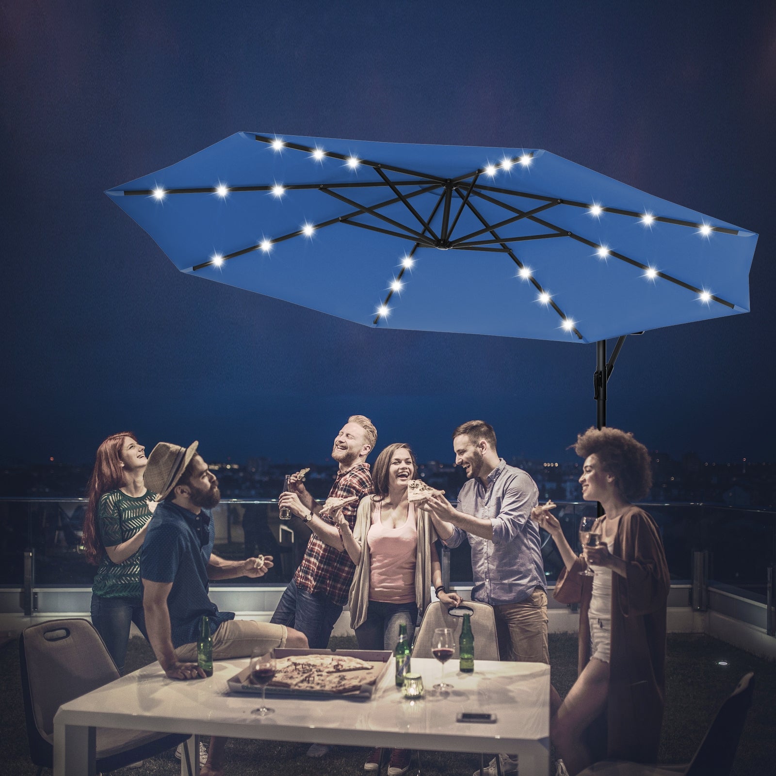 Guarda-Sol LED de Pátio em Poliéster com Luzes Niveladoras e Barra Cruzada Ângulo Ajustável para Jardim Piscina Azul 3 m