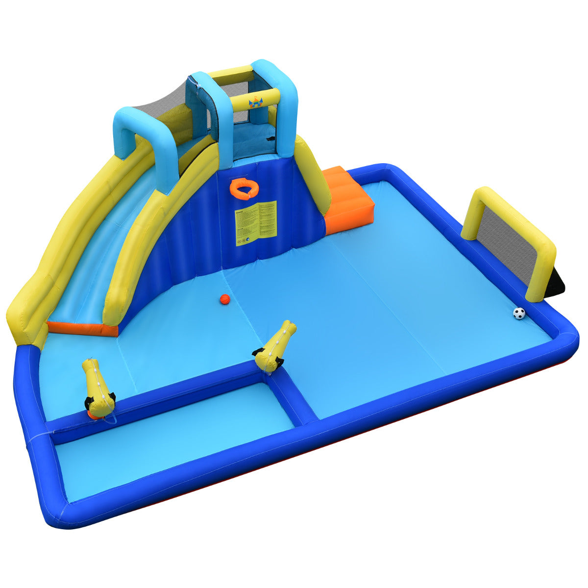 Parque Aquático Insuflável Castelo Aquático 6 em 1 para Crianças com 2 Piscinas Escorrega Parede de Escalada para Exterior 526 x 373 x 203 cm