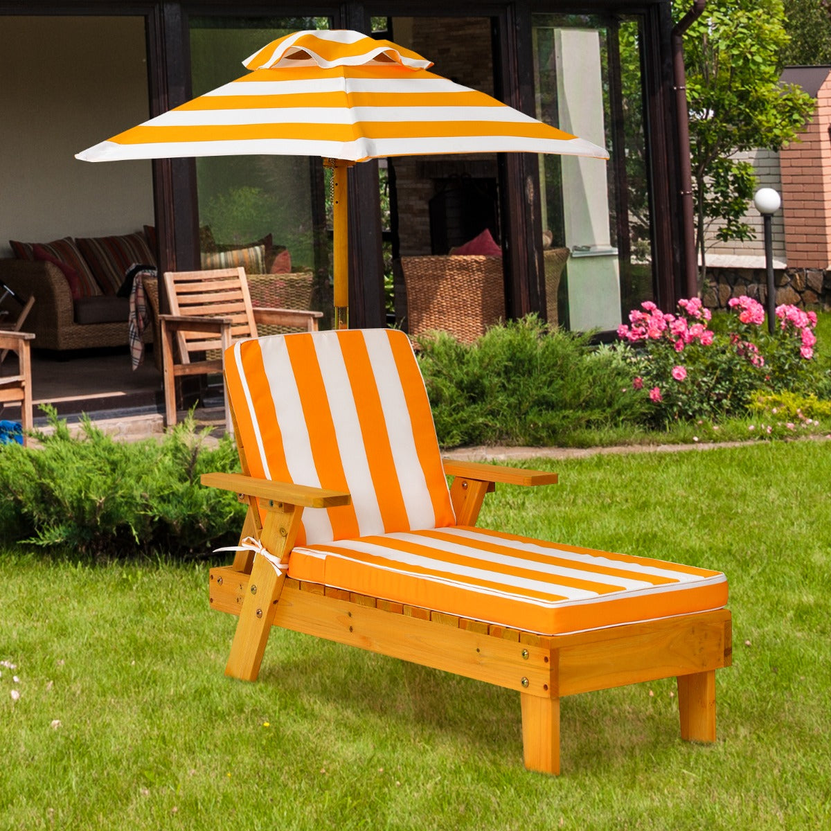 Cadeira Reclinável de Exterior para Crianças com Chapéu de Sol Removível e Regulável em Tensão para Pátio 92 x 49 x 106 cm