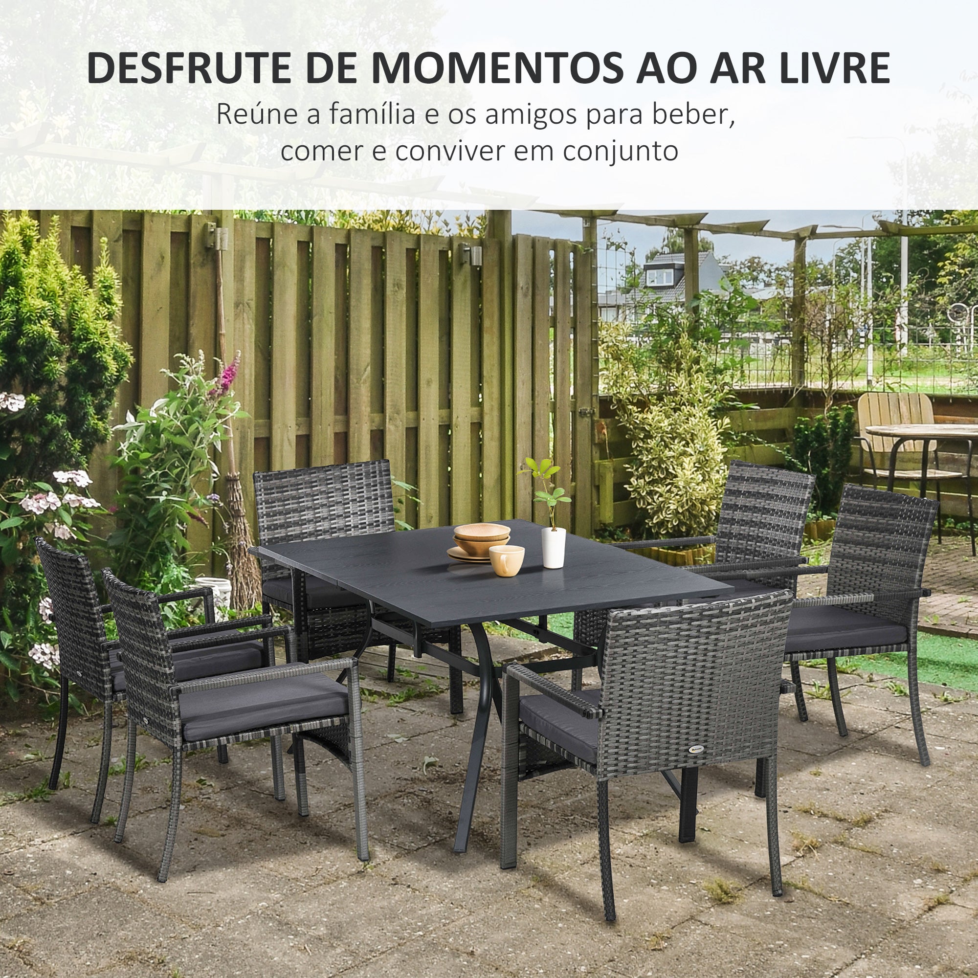 Conjunto de Refeição de Jardim em Vime Sintético Cinzento 150x90x72 cm - 7 Peças