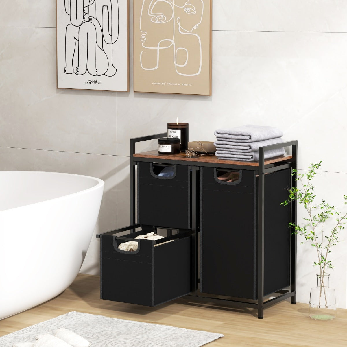 Organizador de Cesta para Roupa Suja com Estante e 3 Bolsas Removíveis para Casa de Banho Quarto Castanho