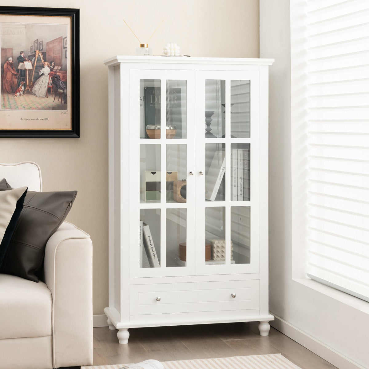 Organizador de Estante com Portas de Vidro Temperado e Prateleira Ajustável para Escritório e Sala de Estar 80 x 40 x 139 cm Branco
